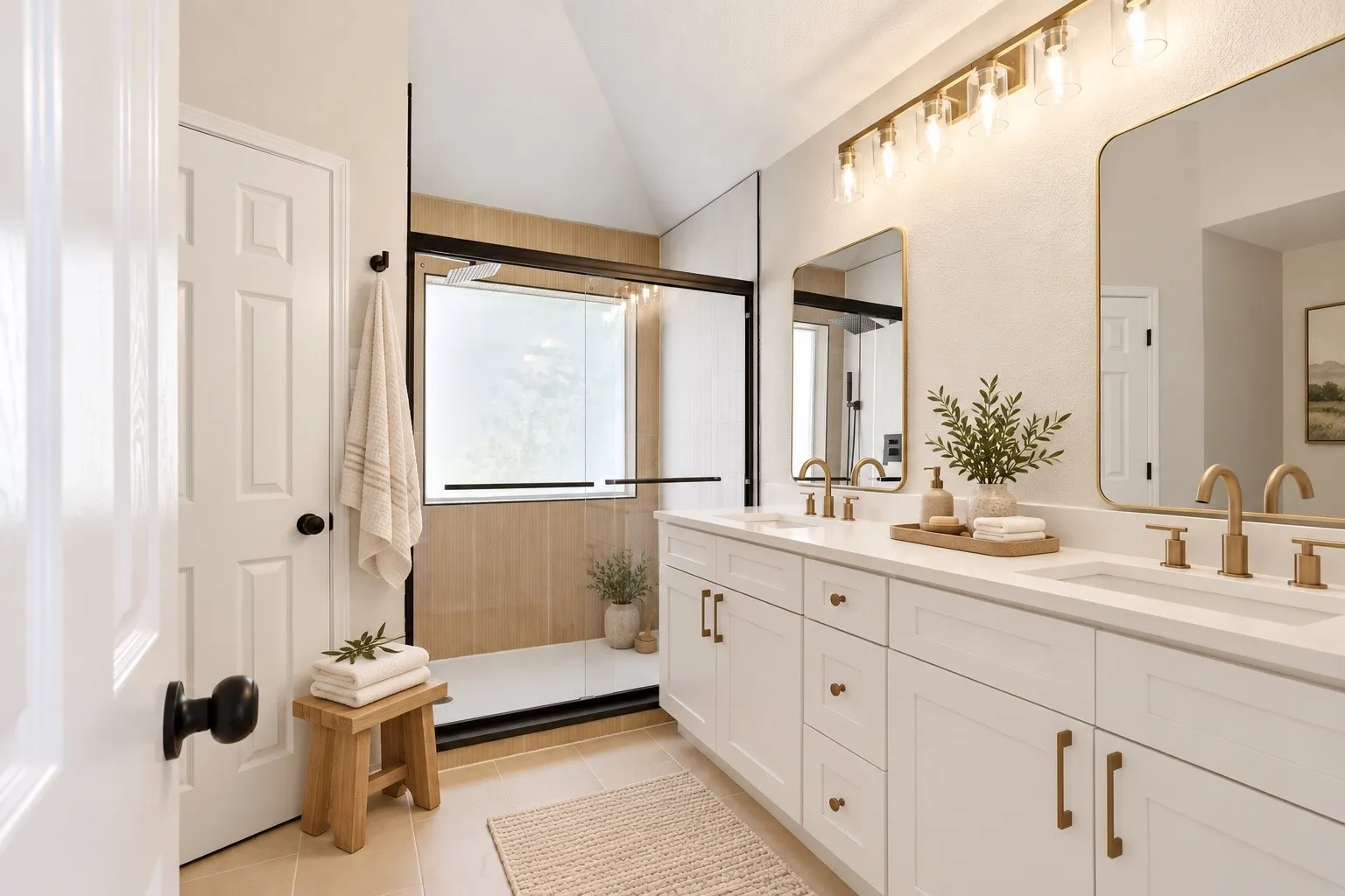 Double vanity with white cabinetry and gold-finish hardware, individual rectangular mirrors, and a multi-bulb vanity light fixture
