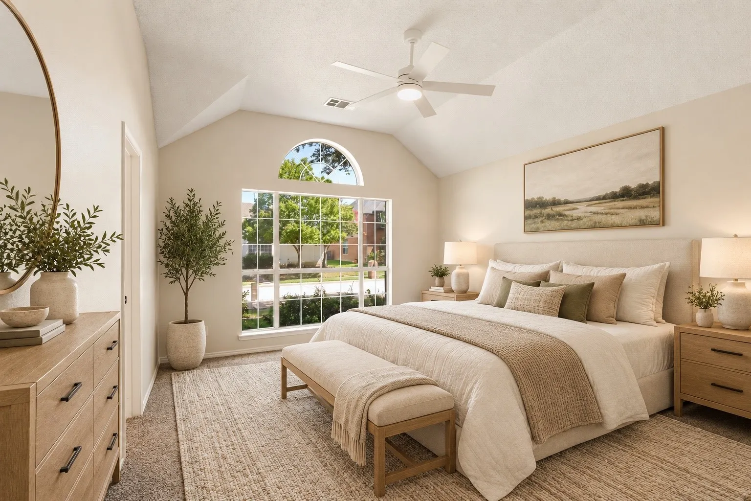 Vaulted ceiling with a ceiling fan, arched transom window, large window, and carpeted flooring
