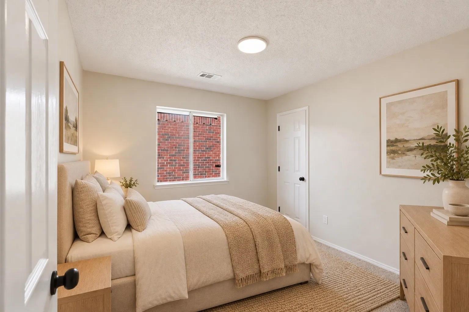 Neutral wall color, window with exterior brick, white trim, ceiling-mounted light fixture, white interior door with black hardware