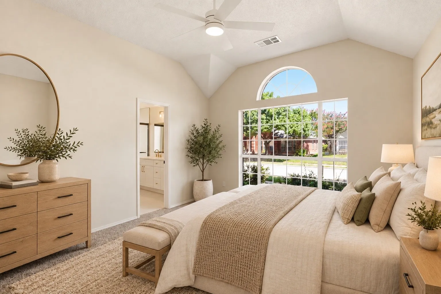 Vaulted ceiling with ceiling fan, large arched window, and plush carpeting