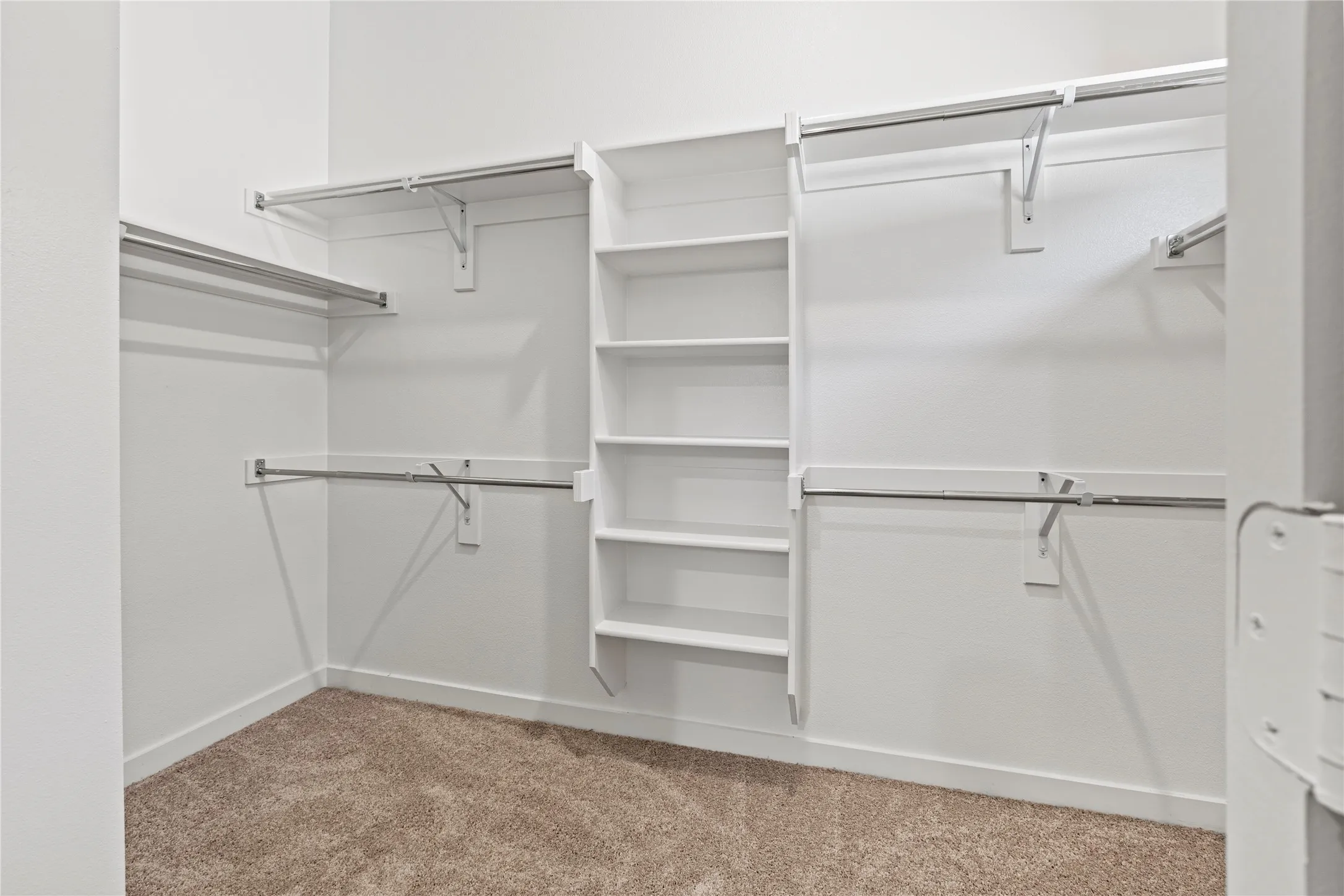Walk in closet with light colored carpet