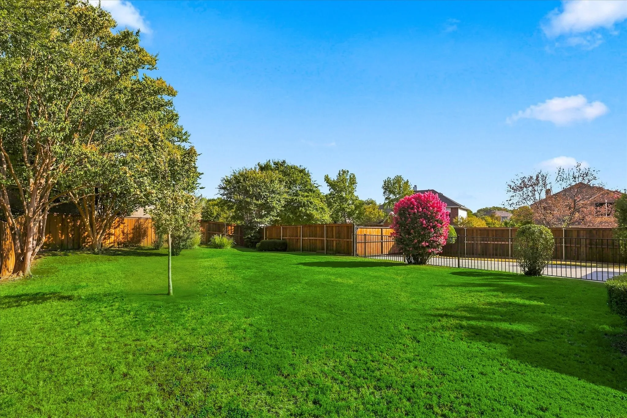 Expansive backyard featuring a manicured lawn, mature trees, and a privacy fence