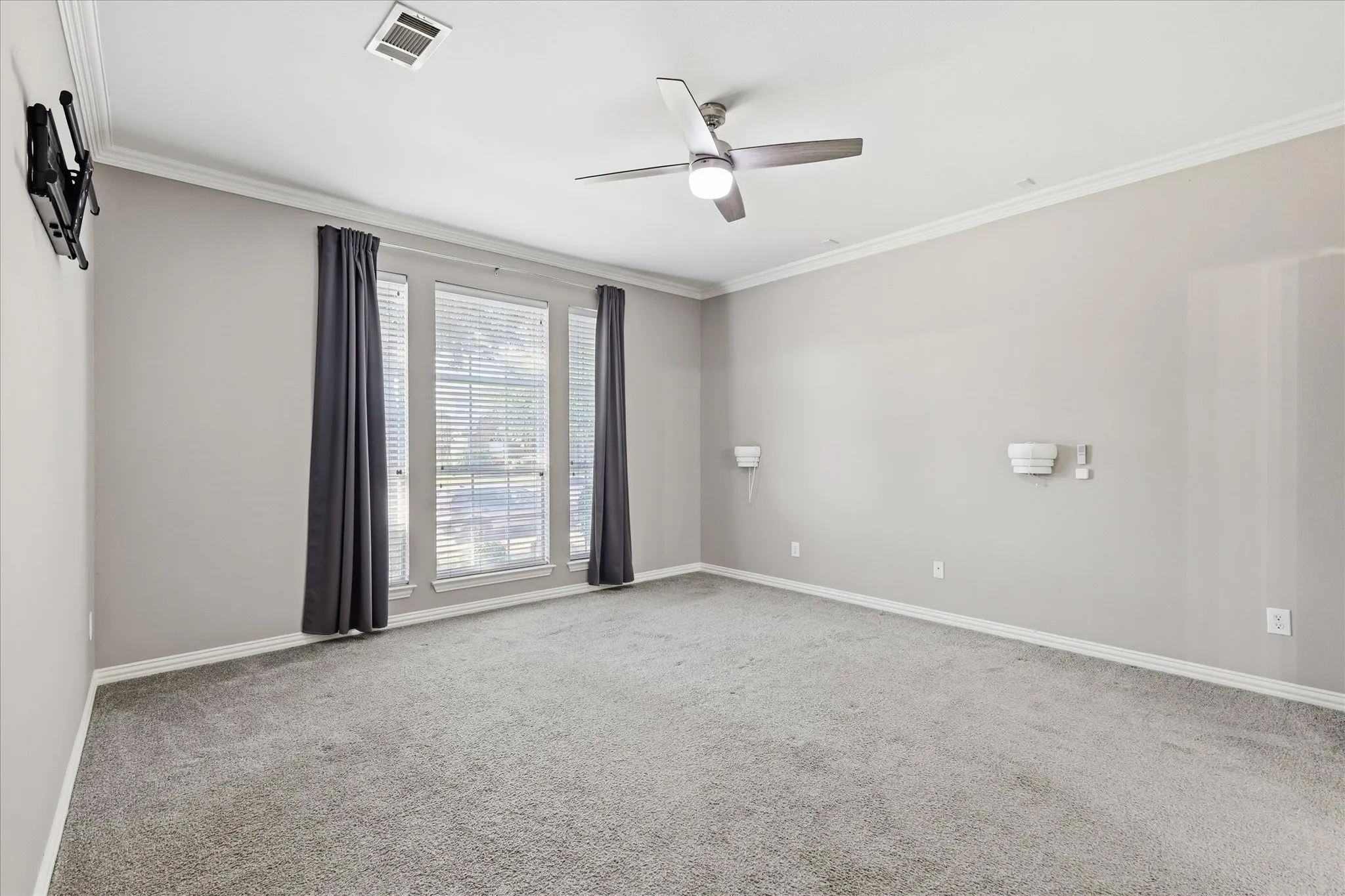 Crown molding with light gray walls, ceiling fan with integrated lighting, and carpet flooring