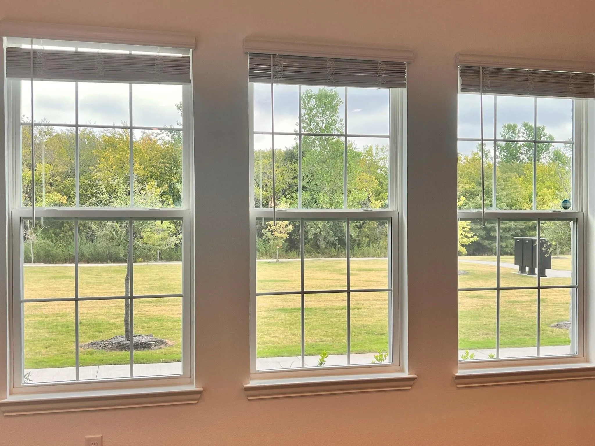Triple paned windows with grid inserts and white trim, overlooking a verdant outdoor landscape