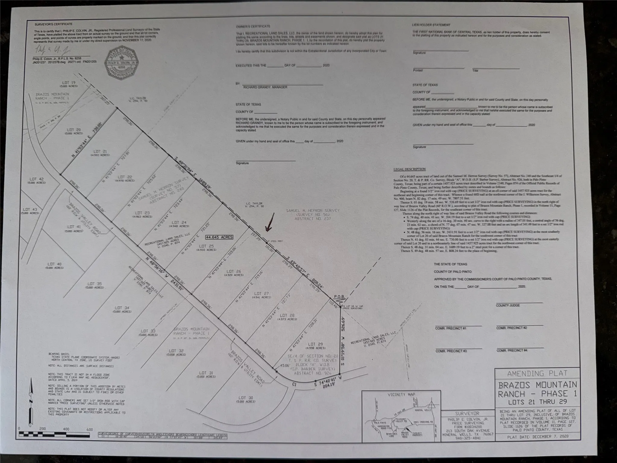 Amending Plat. Detailing the subdivision of property into lots 21 through 29
