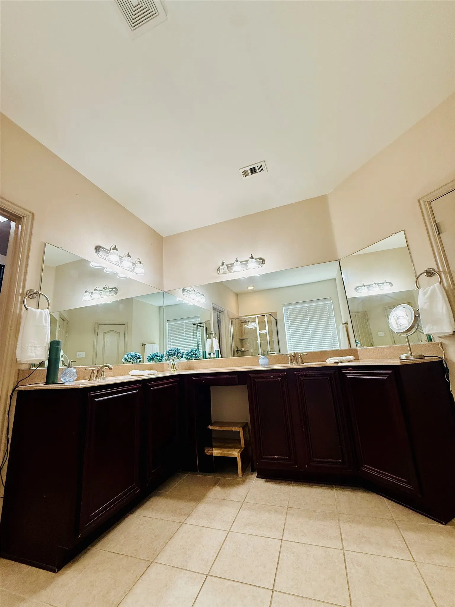 Dual vanity with dark wood-finish cabinetry and light-toned countertops