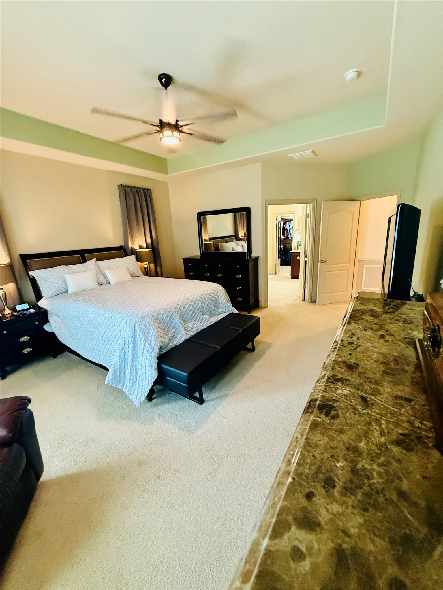 Spacious room featuring light-colored carpeting, tray ceiling with a ceiling fan, and a built-in stone-finish countertop
