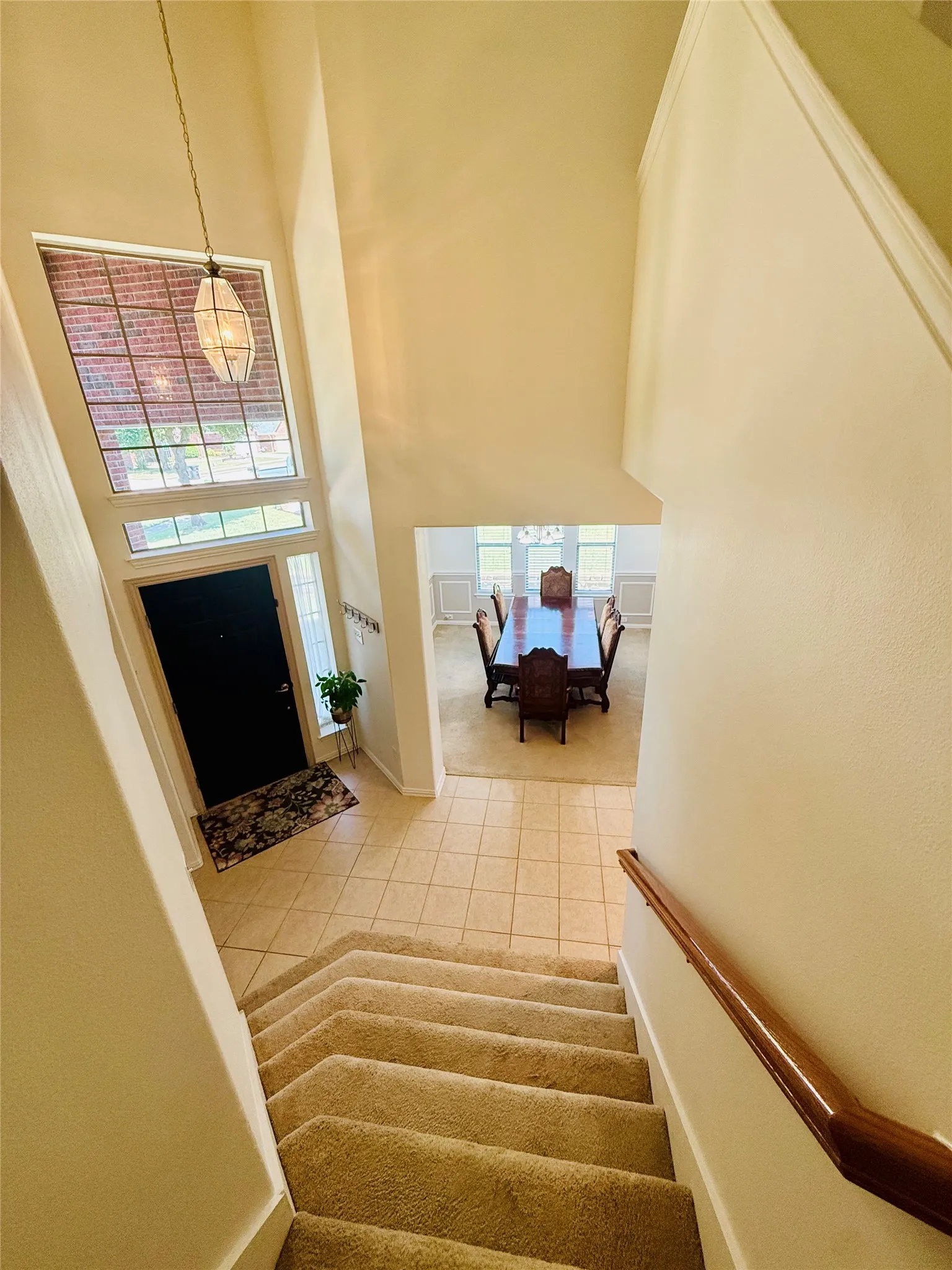 Carpeted staircase descending to a tiled entry foyer with a dark-paneled door