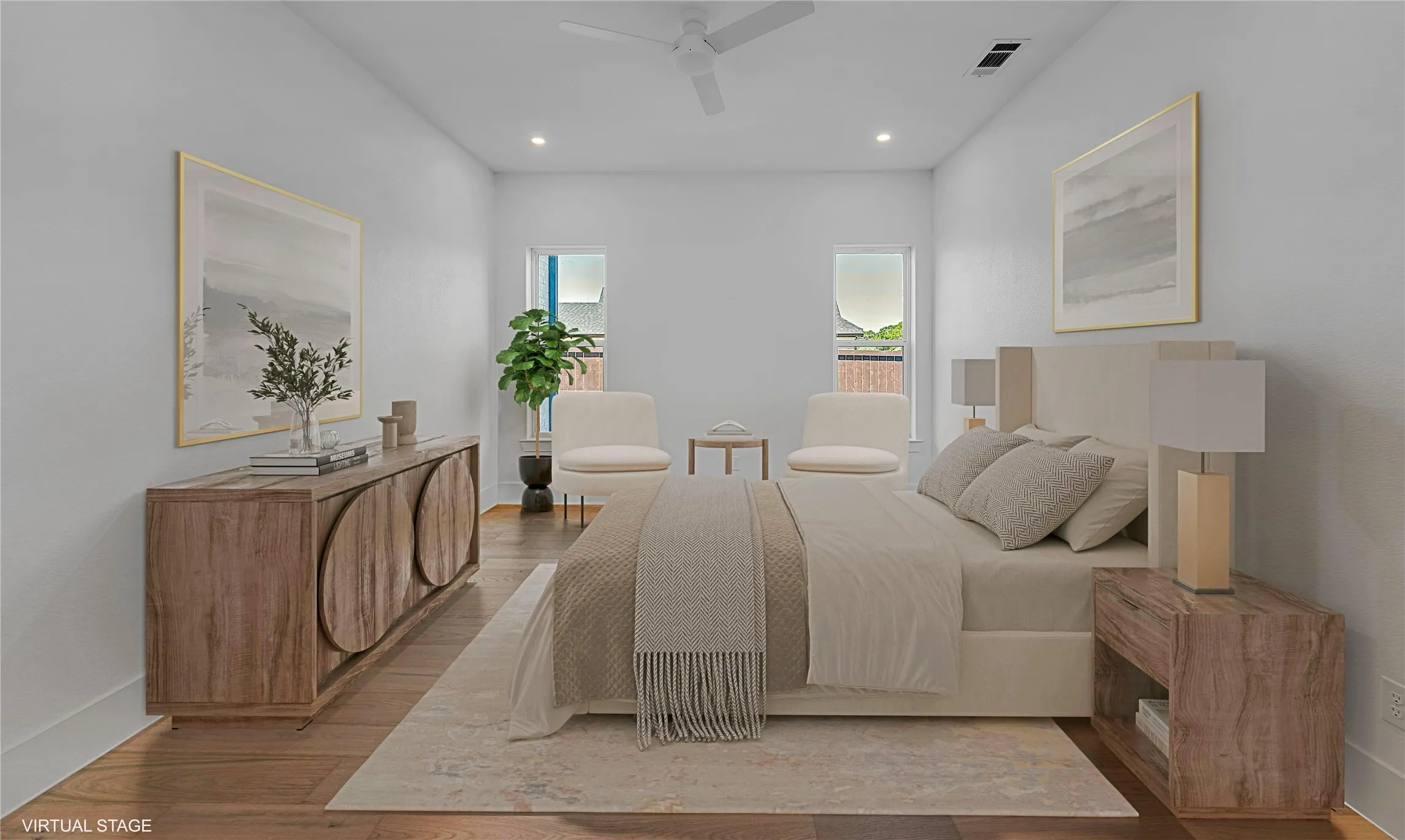 Recessed lighting, ceiling fan, wood-finish flooring, two windows, and white walls