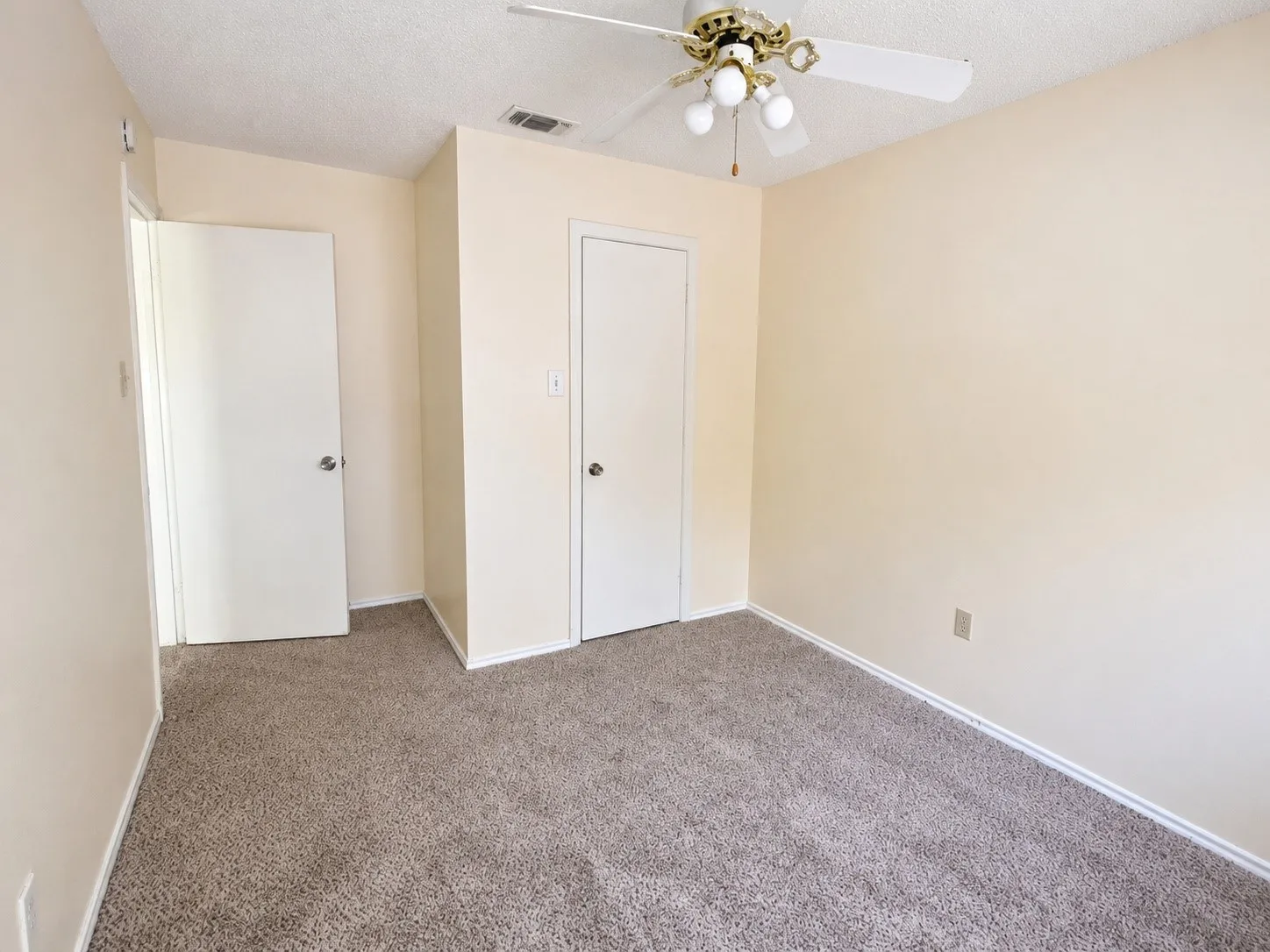 Carpeted room featuring a ceiling fan with light fixture, neutral-toned walls, and two white panel doors