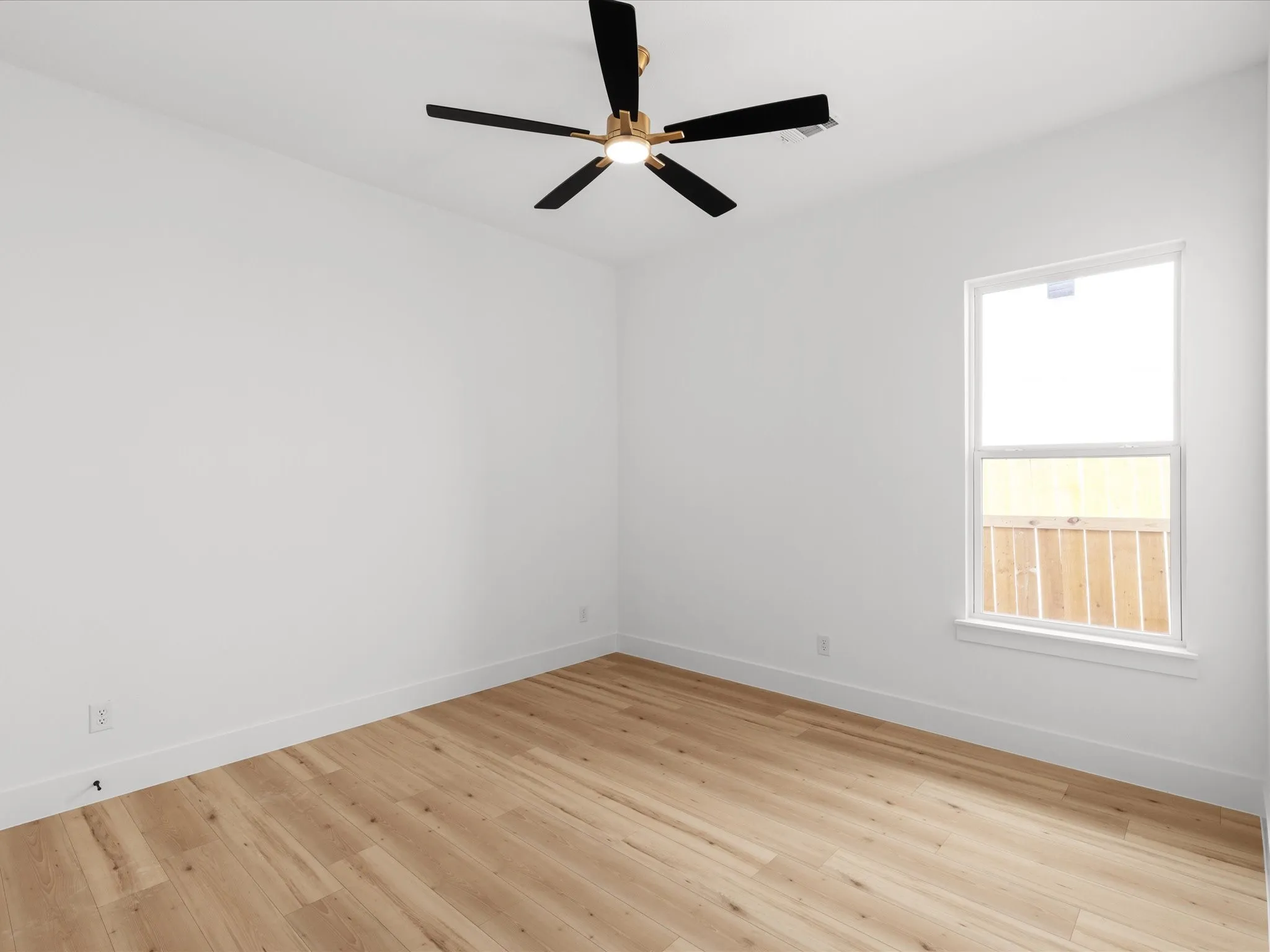 Light-filled room featuring wood-finish flooring, a contemporary ceiling fan with black blades and a brass-tone base, and a white-framed window