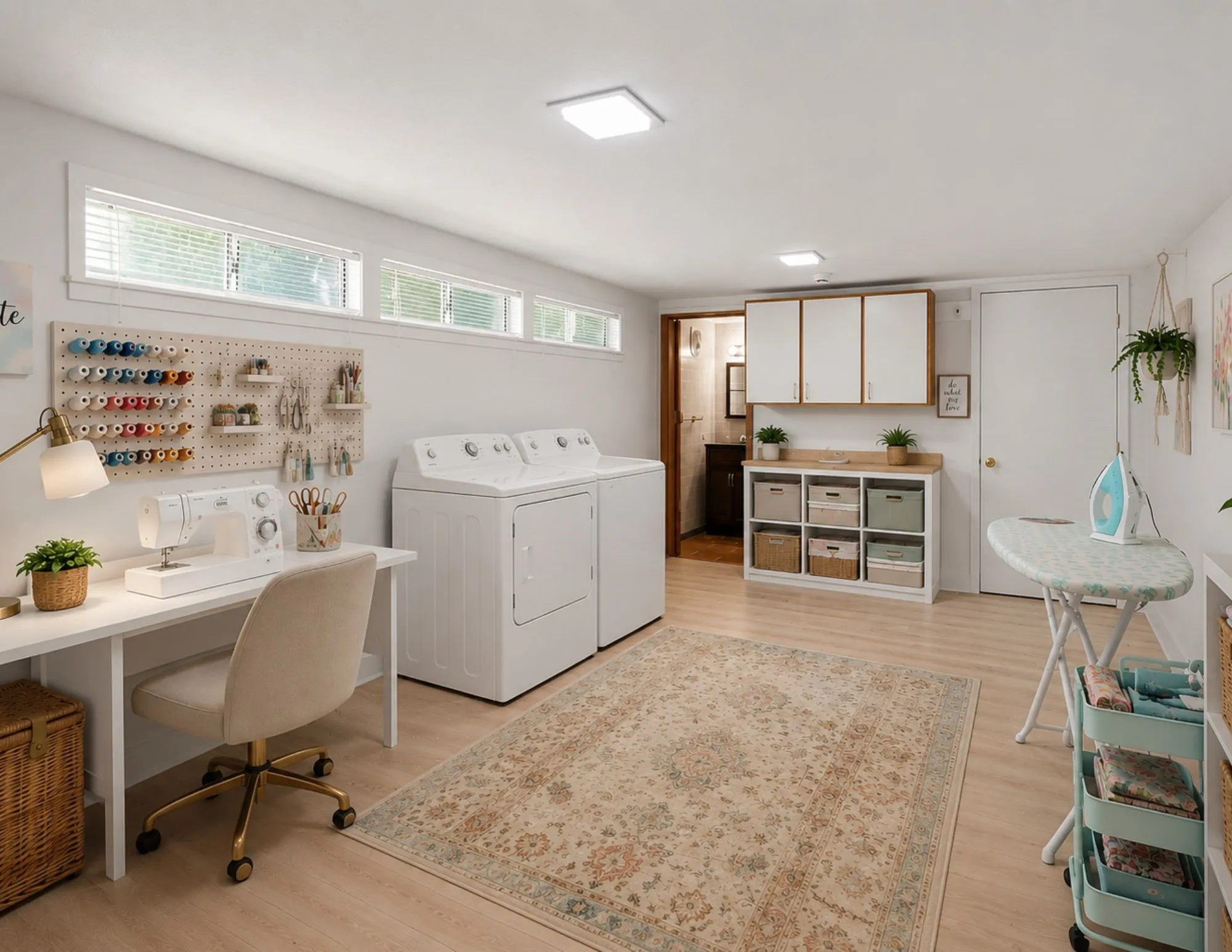 laundry room has been virtually staged into a bright, organized craft room with a dedicated sewing workstation, an ironing board, fabric storage, and practical crafting accessories while keeping the space airy and functional.