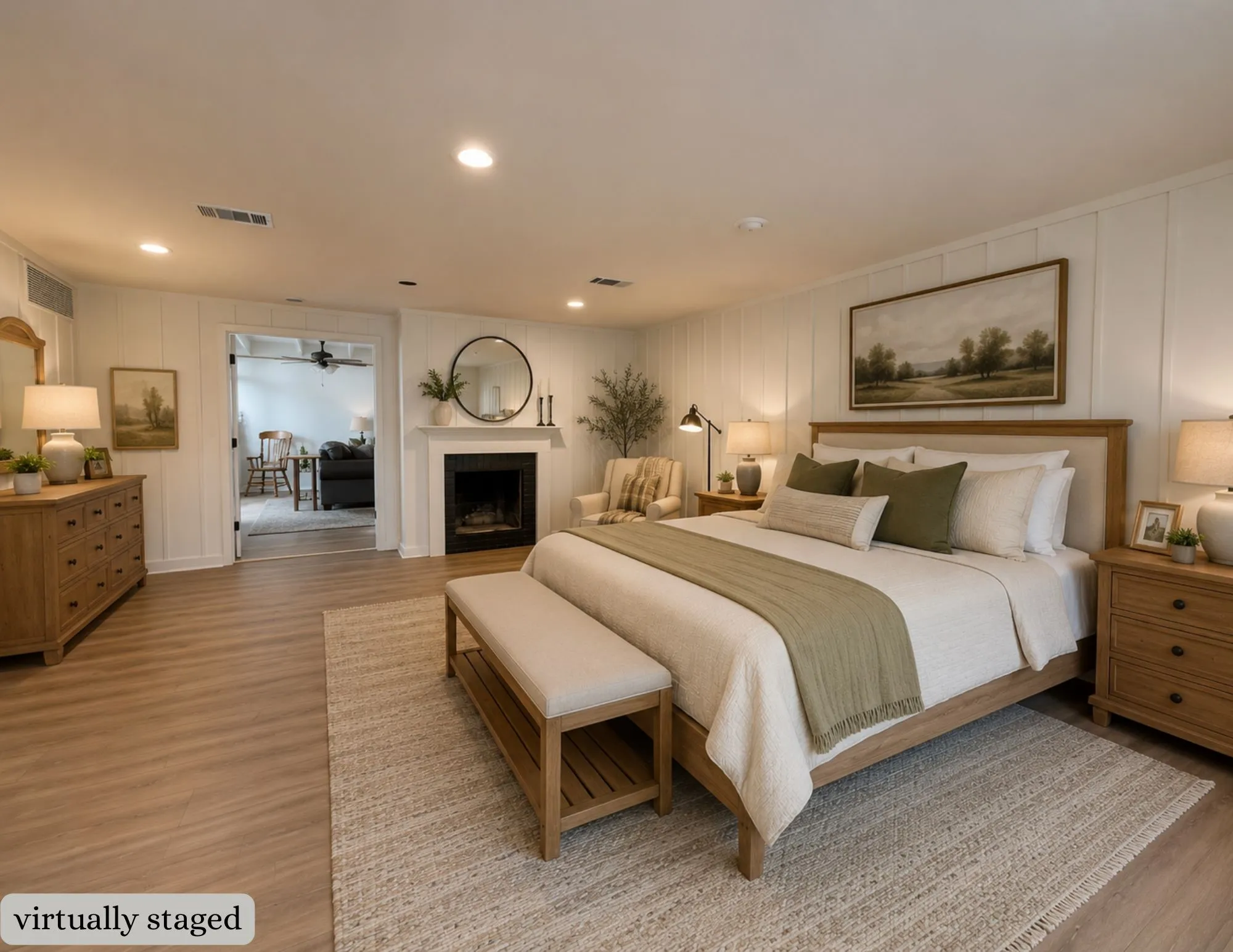 Virtually staged, bedroom has ensuite bathroom with tub