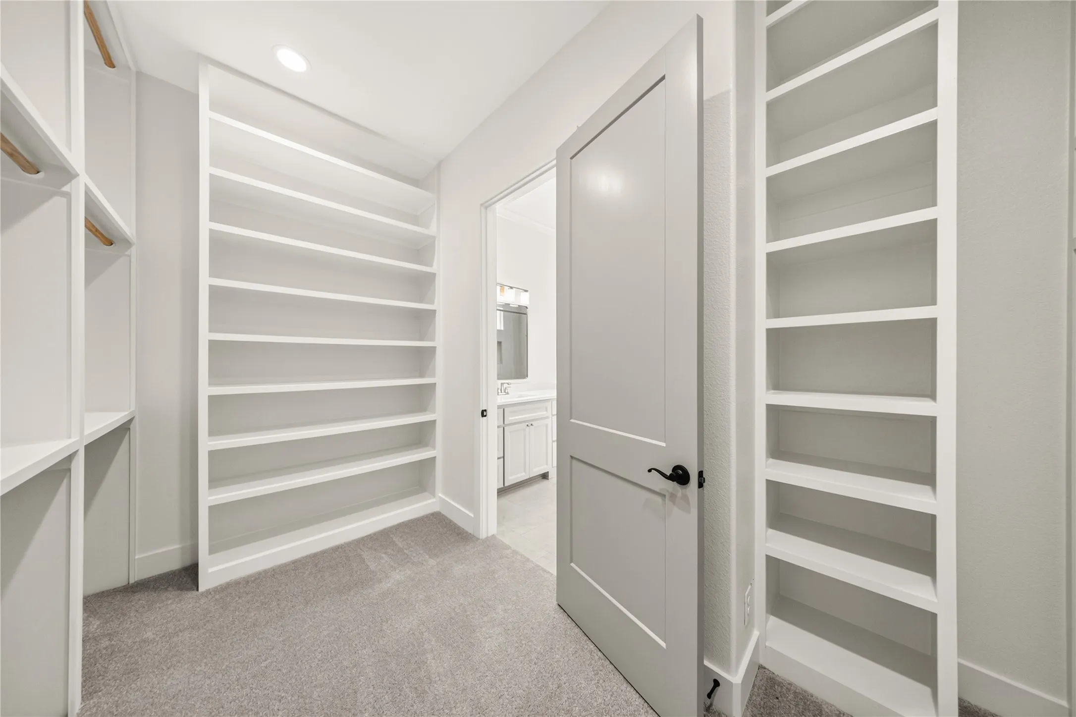 Spacious walk-in closet featuring extensive built-in shelving, plush grey carpeting, and a light grey paneled door with black hardware