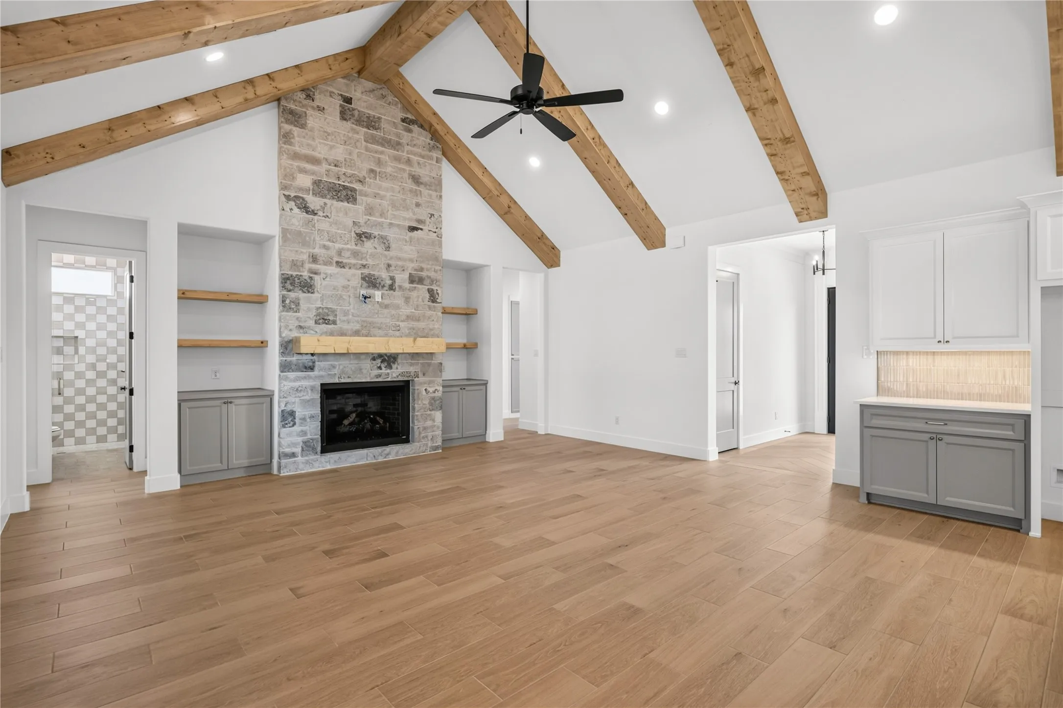 Vaulted ceiling with exposed wood beams