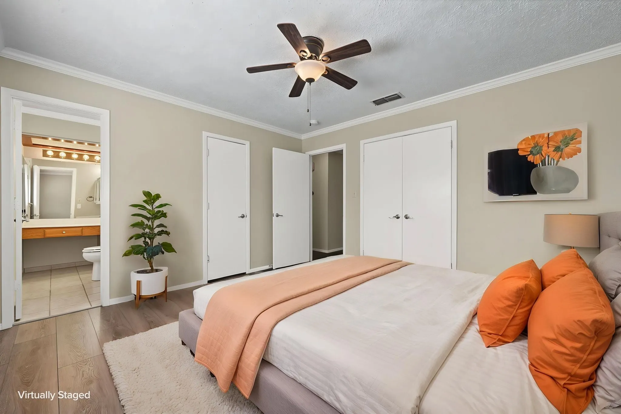 Virtually staged primary bedroom
