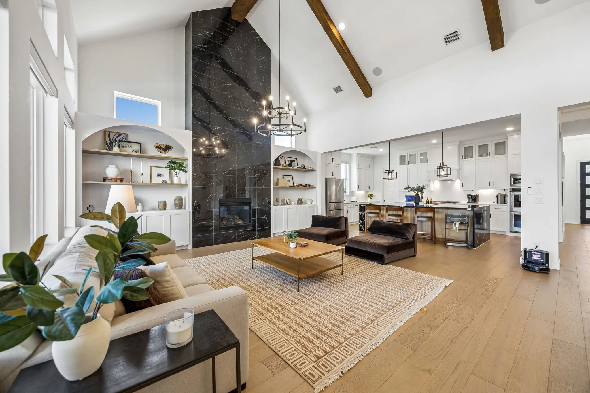 Vaulted ceiling with exposed wood beams