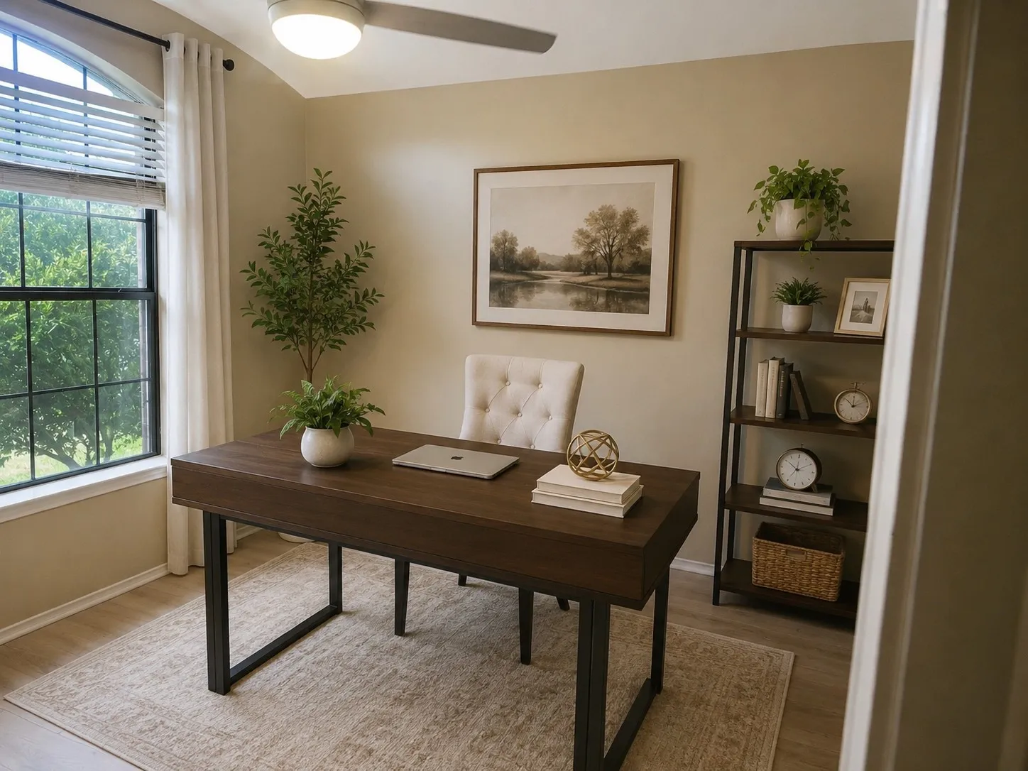 Front bedroom virtually staged as lovely office featuring an arched window, wood-finish flooring, and a ceiling fan with integrated lighting