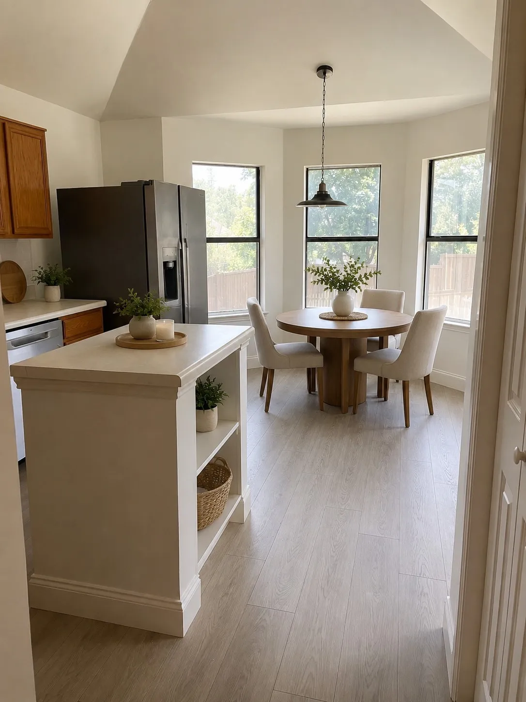 Virtually staged Kitchen featuring a central island with open shelving, wood-finish flooring, and a bay window dining area