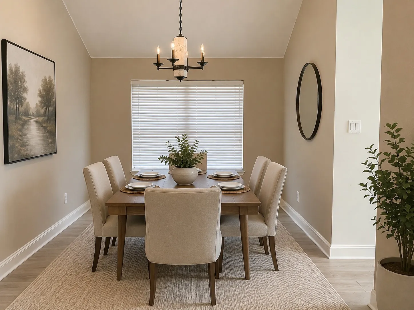 Virtually staged Dining area featuring a contemporary chandelier, vaulted ceiling, wood-finish flooring, and a large window with blinds
