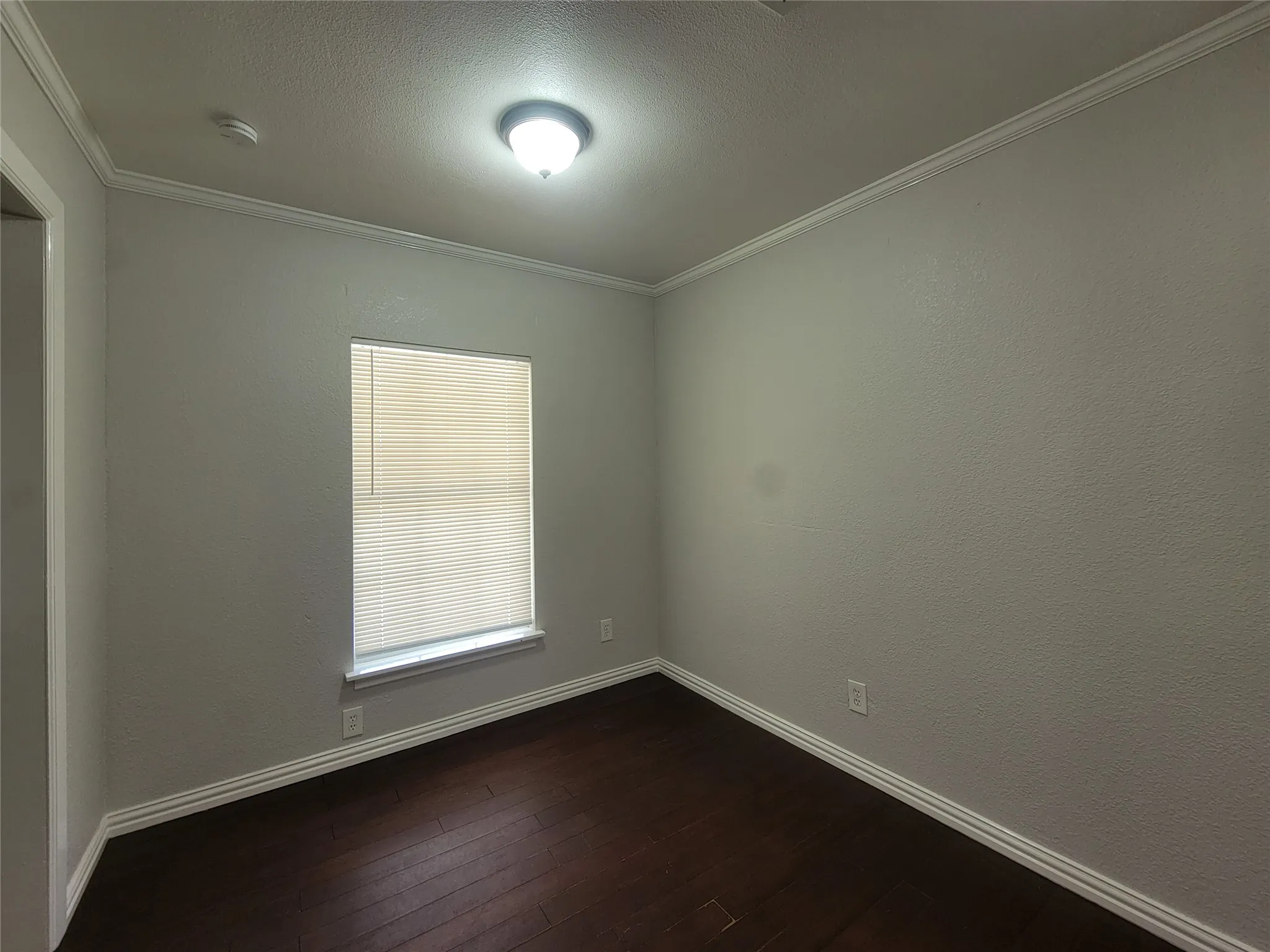 Room featuring dark wood-finish flooring, light-toned walls, a single window with blinds, and a ceiling-mounted light fixture