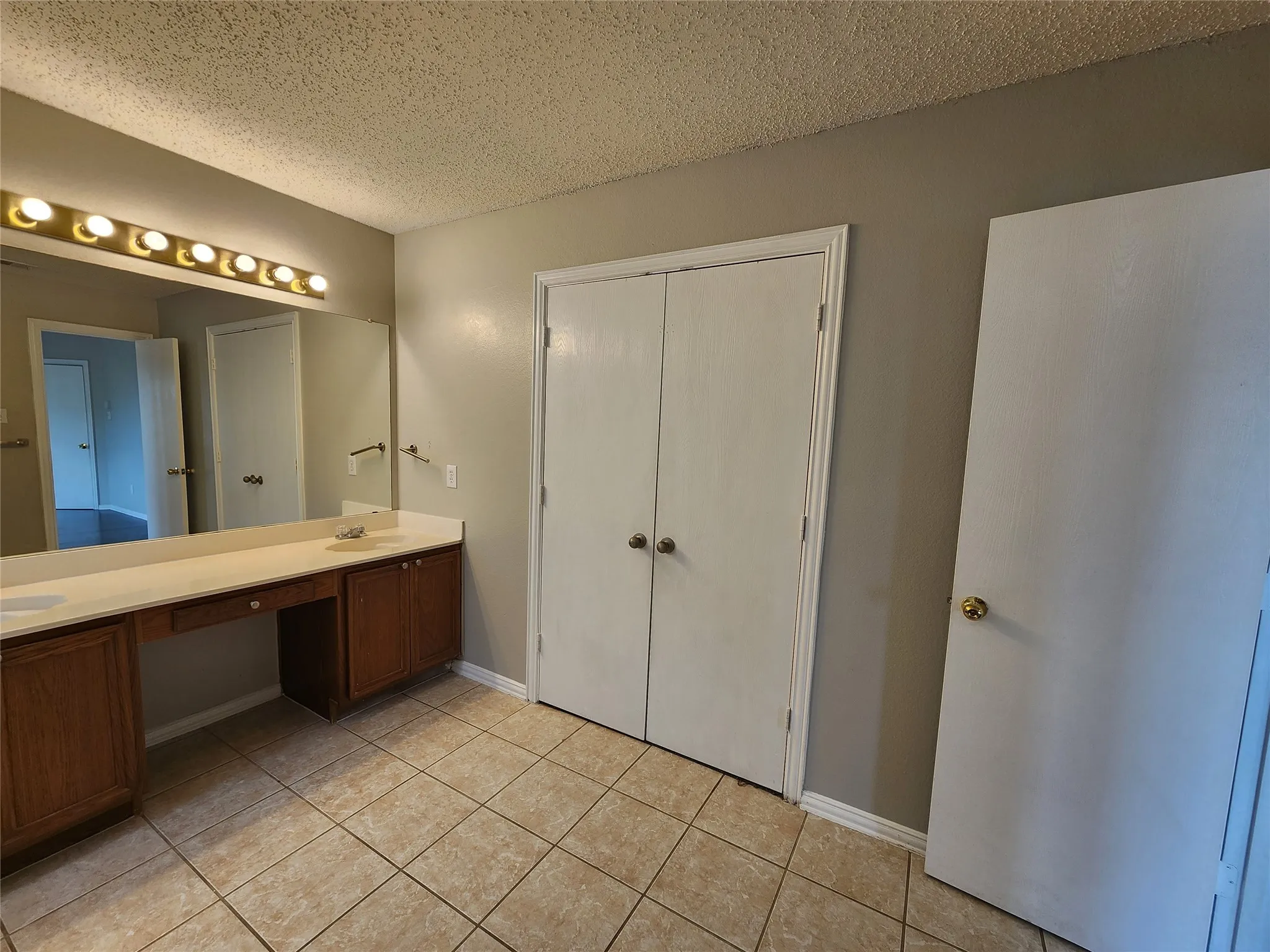 Vanity area featuring a long countertop with integrated sinks, ample storage cabinetry, and a full-width mirror with overhead lighting