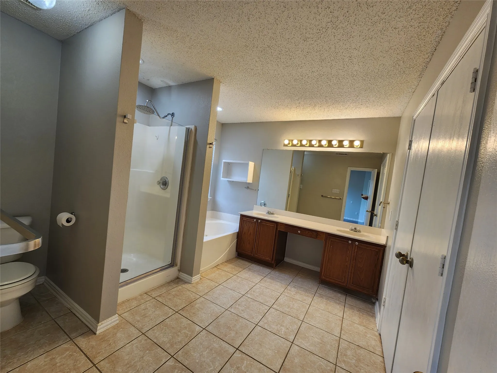 Spacious bathroom featuring a glass-enclosed shower, a separate soaking tub, and an extended vanity with dual sinks
