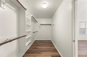Spacious closet featuring wood-finish flooring, extensive built-in shelving, multiple clothing rods, and recessed ceiling lighting