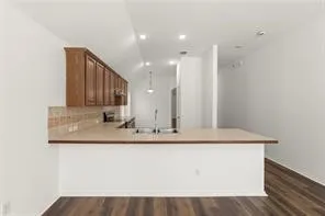 Kitchen featuring wood-finish flooring, recessed lighting, wood cabinetry, a tile backsplash, and a double basin sink with a gooseneck faucet