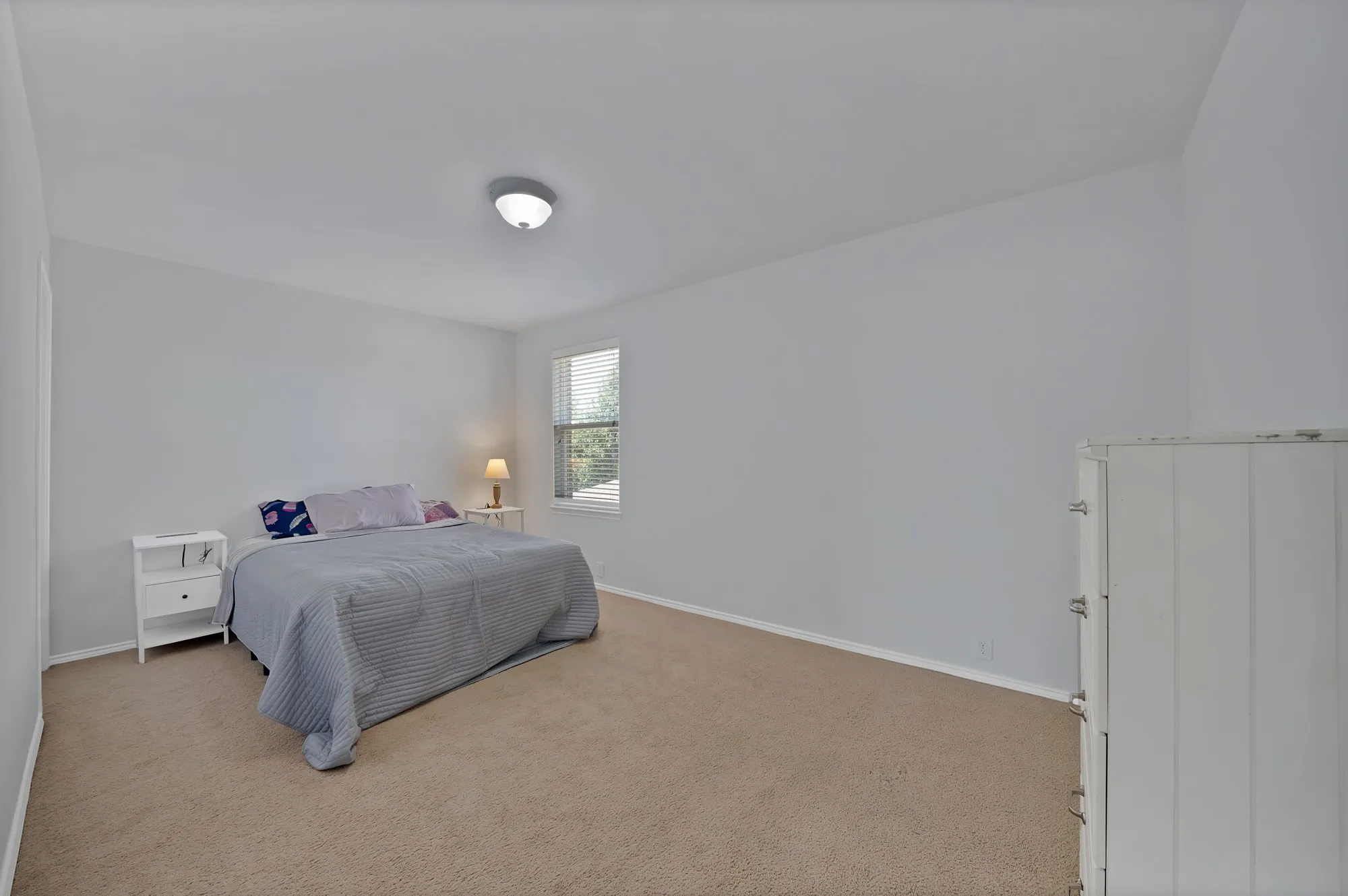 Carpeted room with a window featuring horizontal blinds