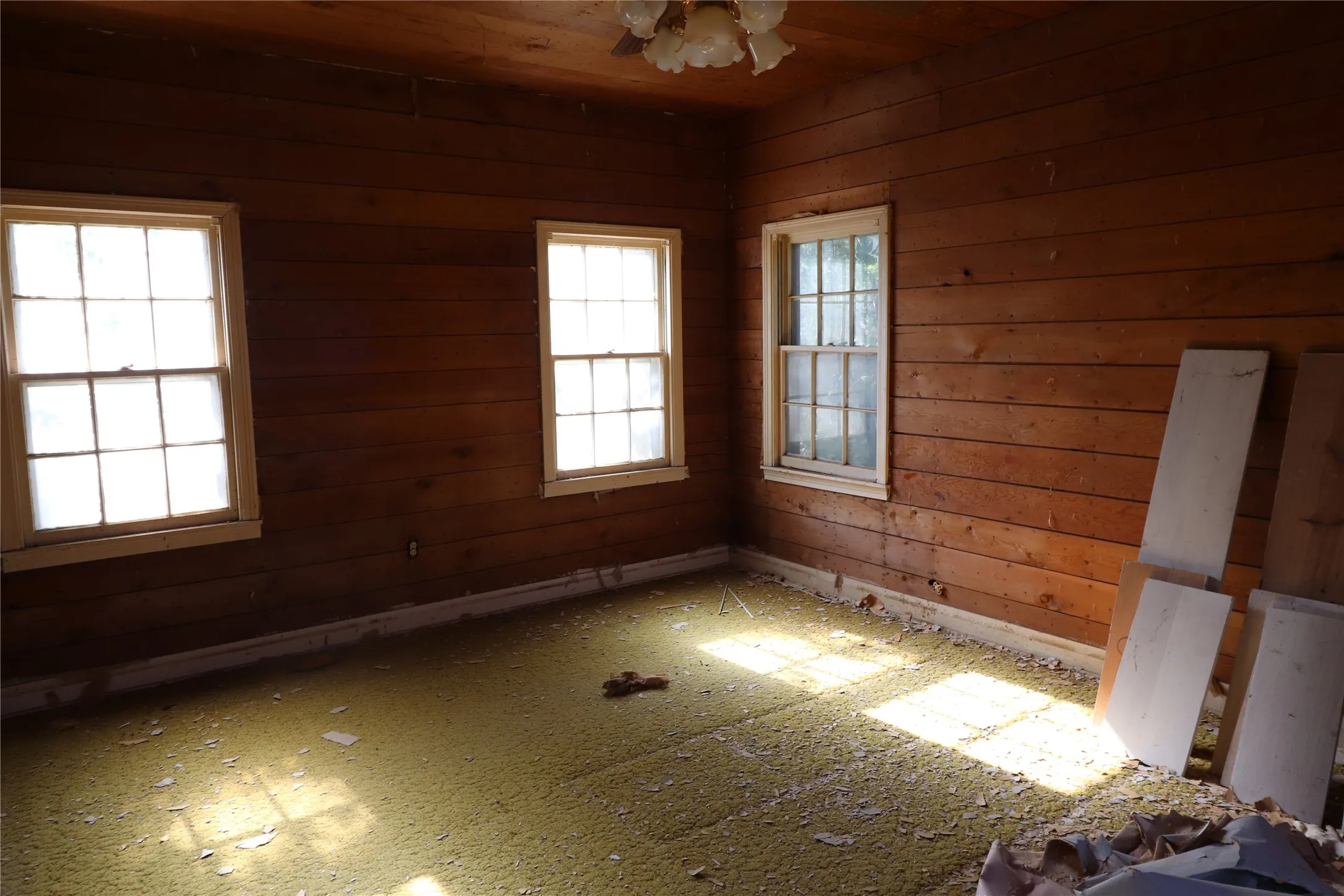 Room featuring horizontal wood paneling, three double-hung windows, and a ceiling-mounted light fixture