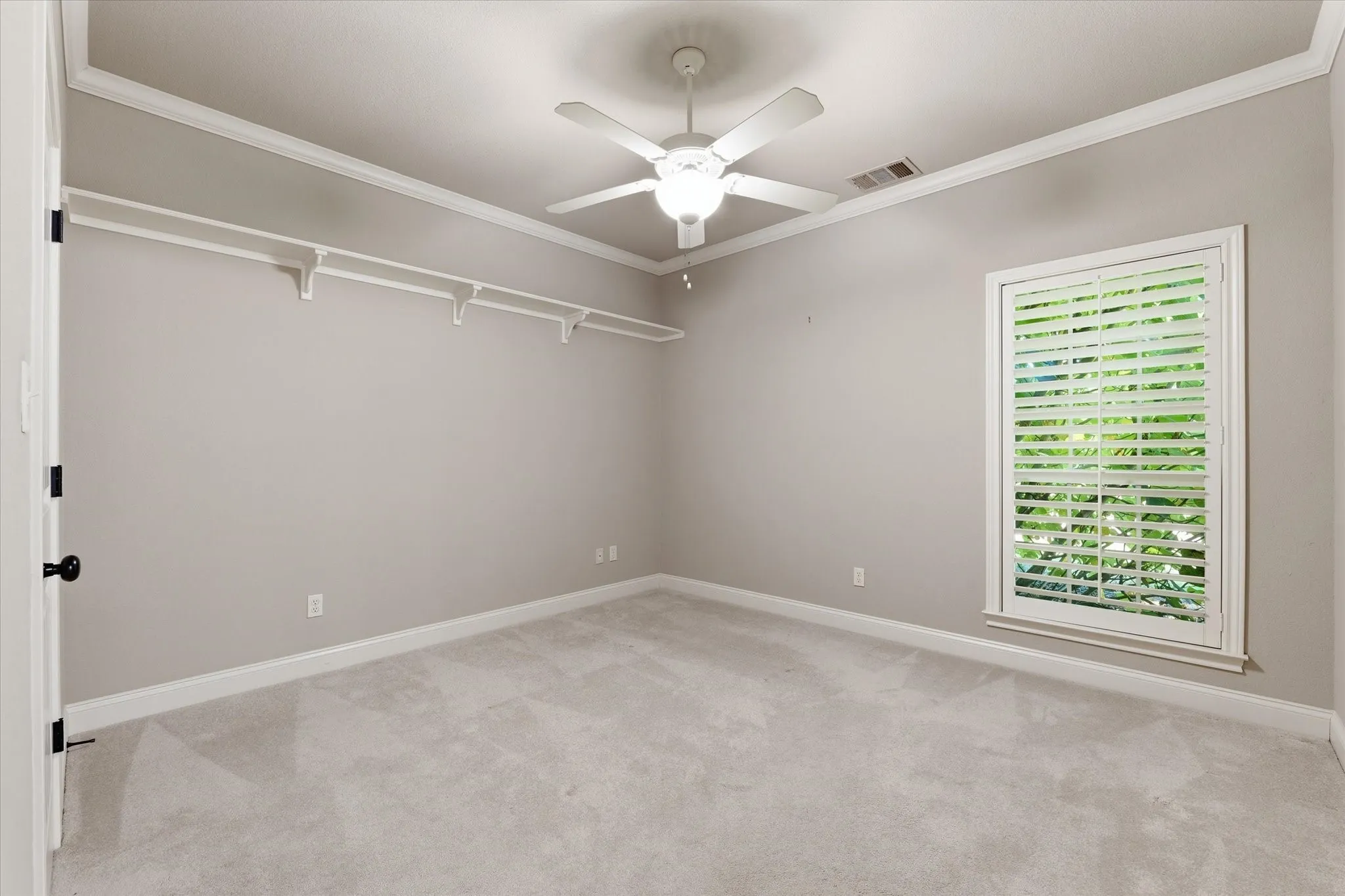 Light gray wall paint complemented by white crown molding and baseboards