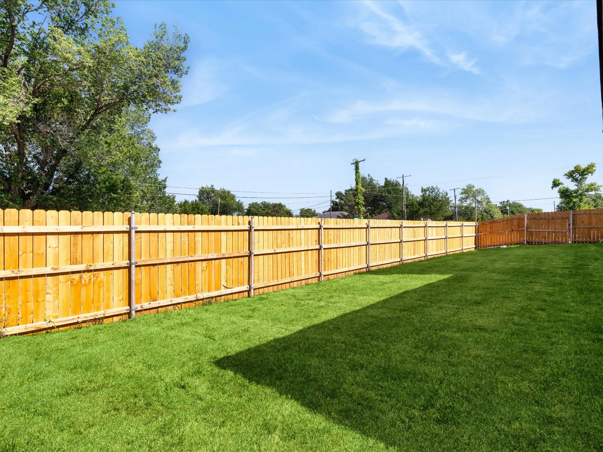 Expansive backyard featuring a new wood privacy fence and a verdant lawn