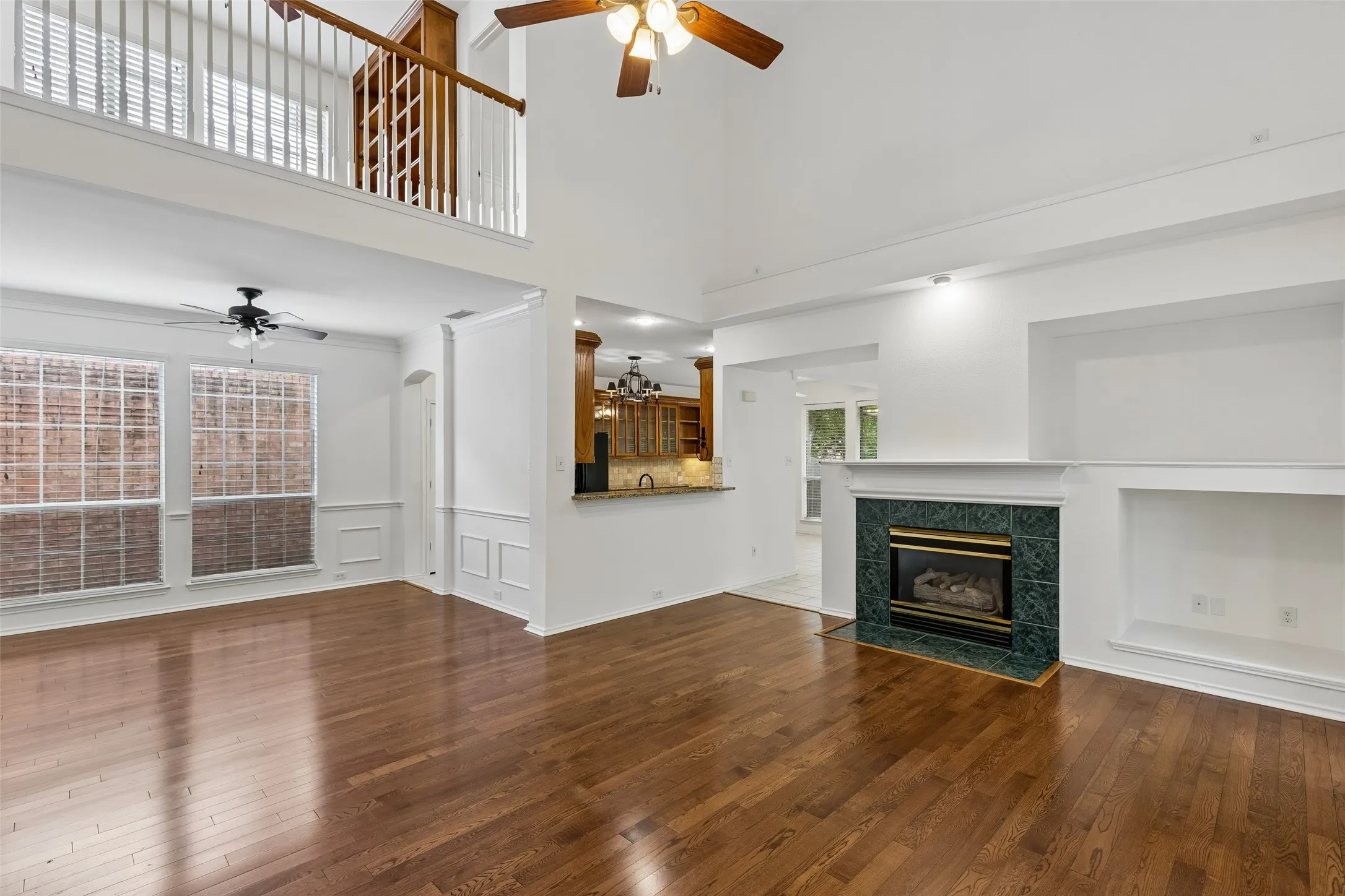 Gas log fireplace and formal dining space.