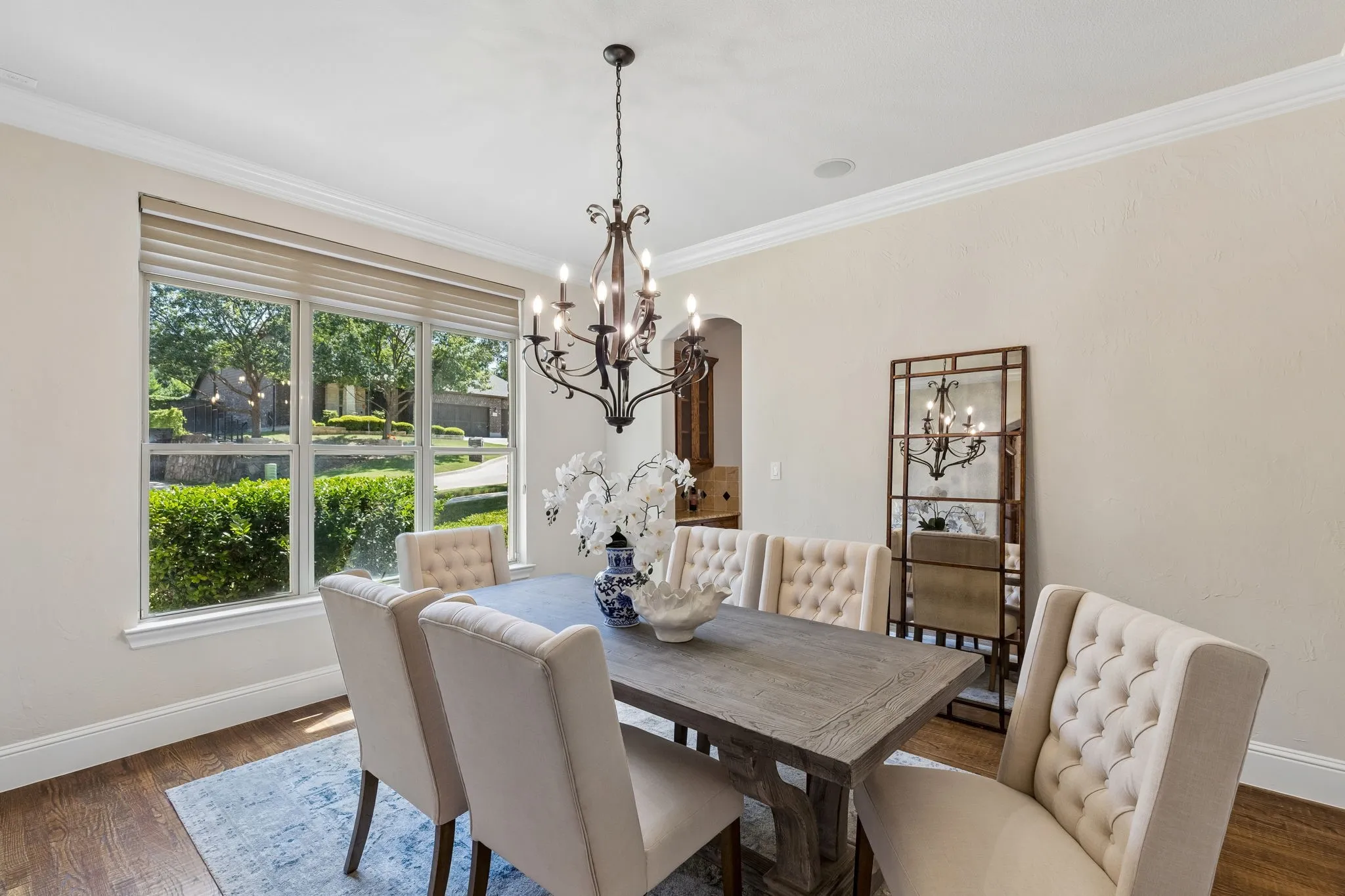 The dining room is elegant and spacious. Plenty of room for a large dining table, and serving buffet.
