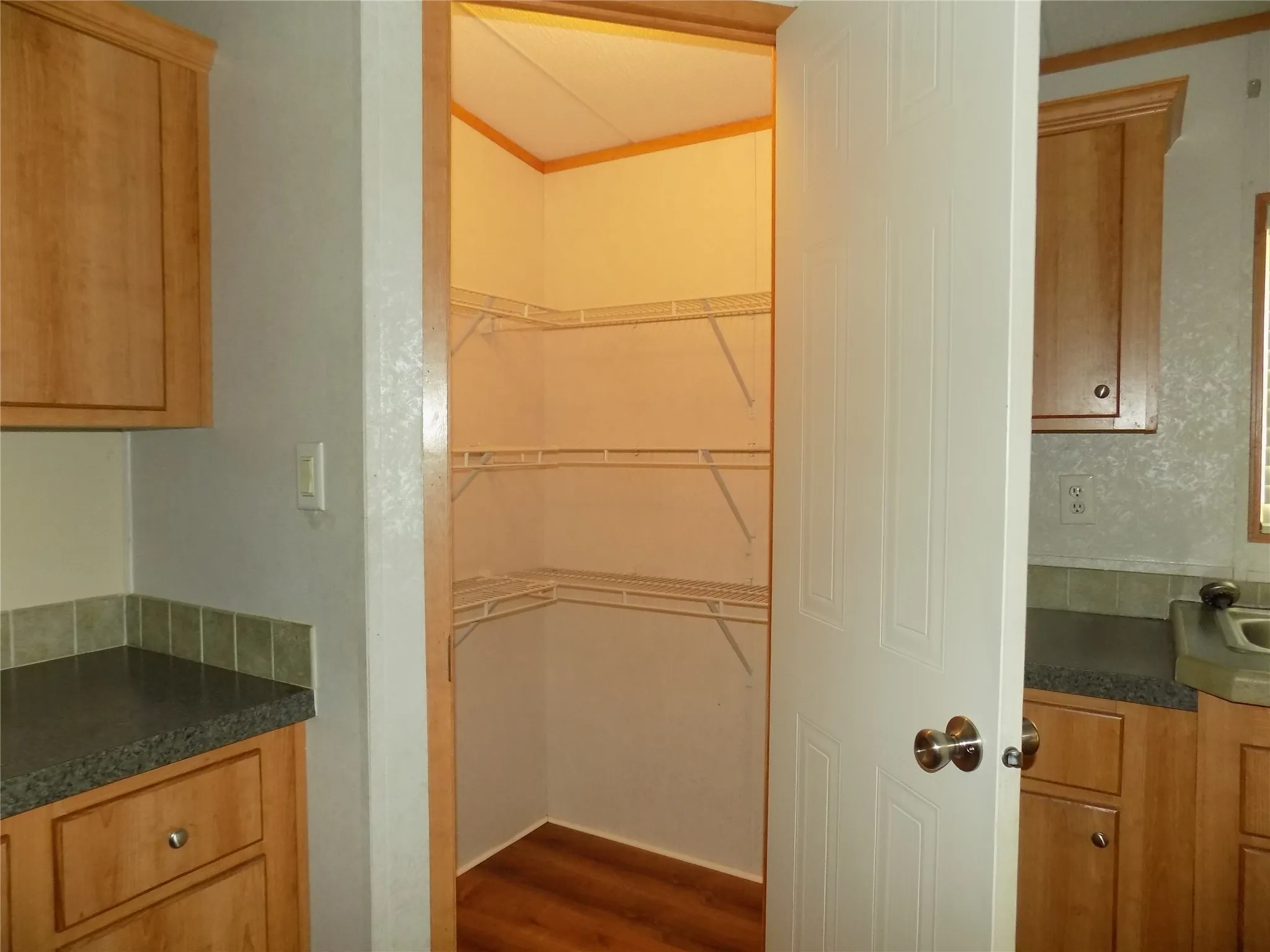 View of convenient, walk-in kitchen pantry.
