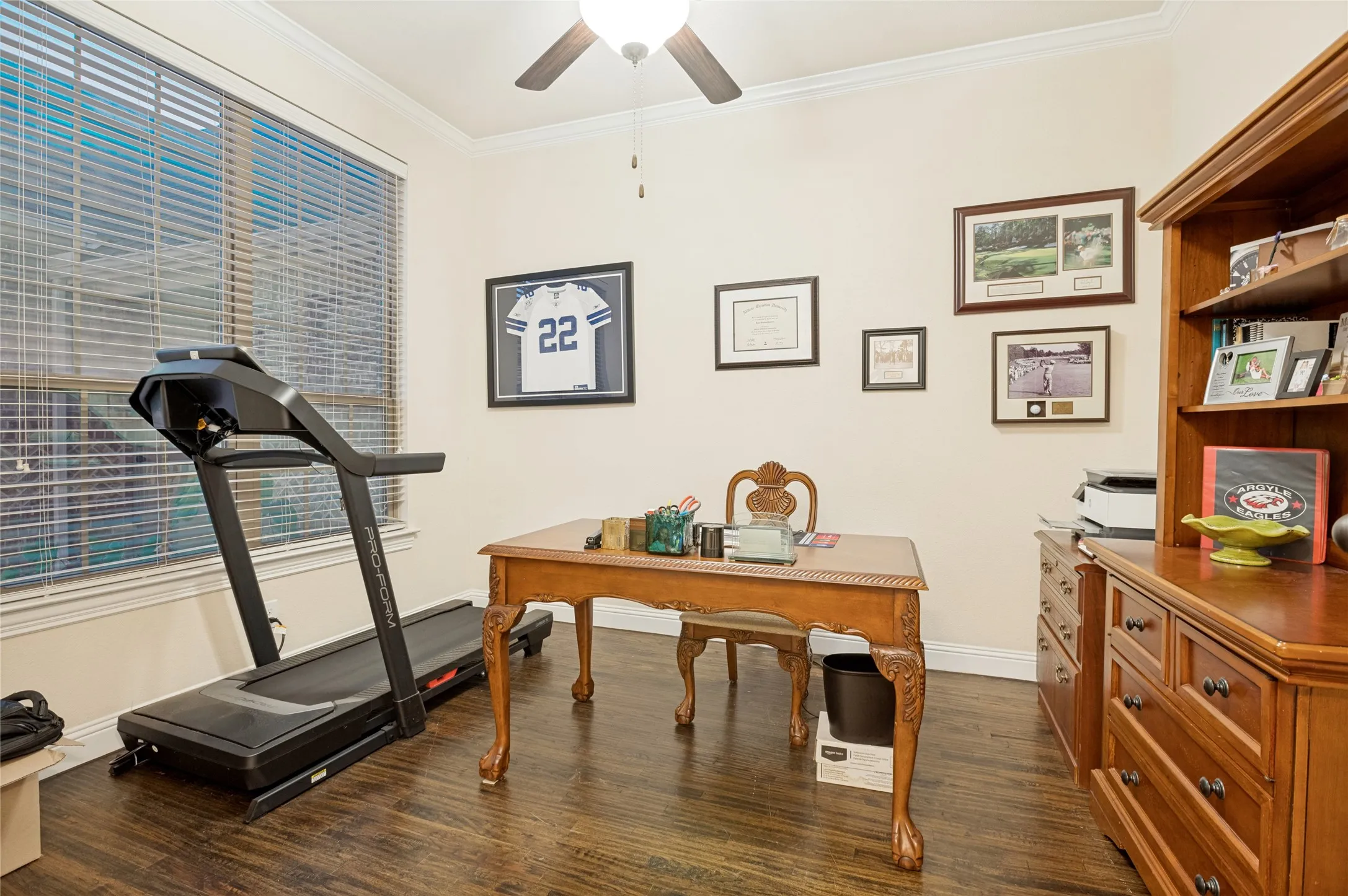 Room featuring dark wood-finish flooring, a large window with horizontal blinds, neutral wall paint, and white crown molding