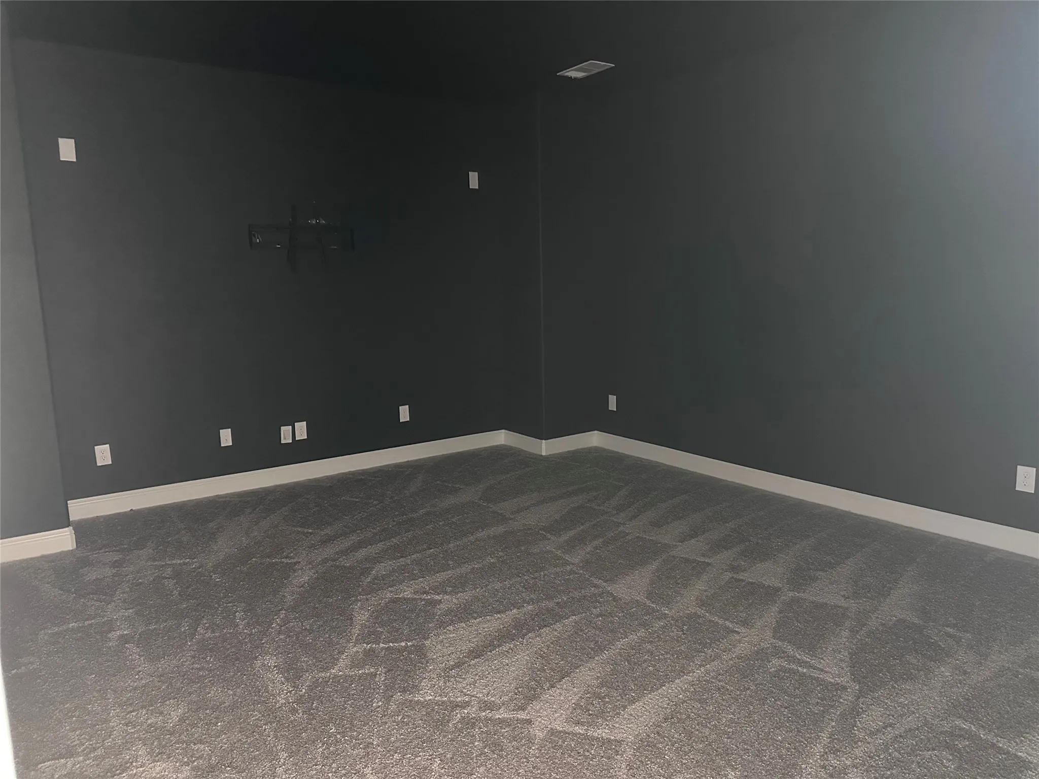 Spacious room with dark gray walls, white baseboards, and a patterned gray carpet