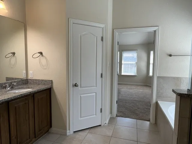 Bathroom featuring a dual-sink vanity with granite countertops, built-in cabinetry, and a full mirror