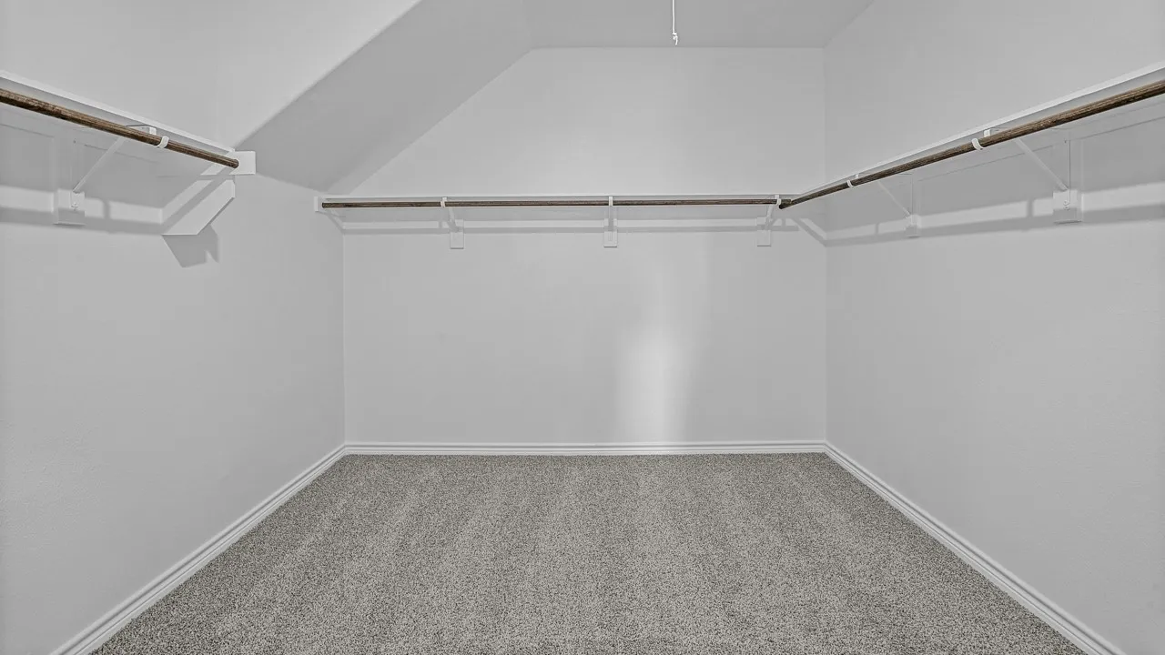 Spacious walk-in closet featuring light gray carpeting, crisp white walls, and built-in wooden shelving with hanging rods