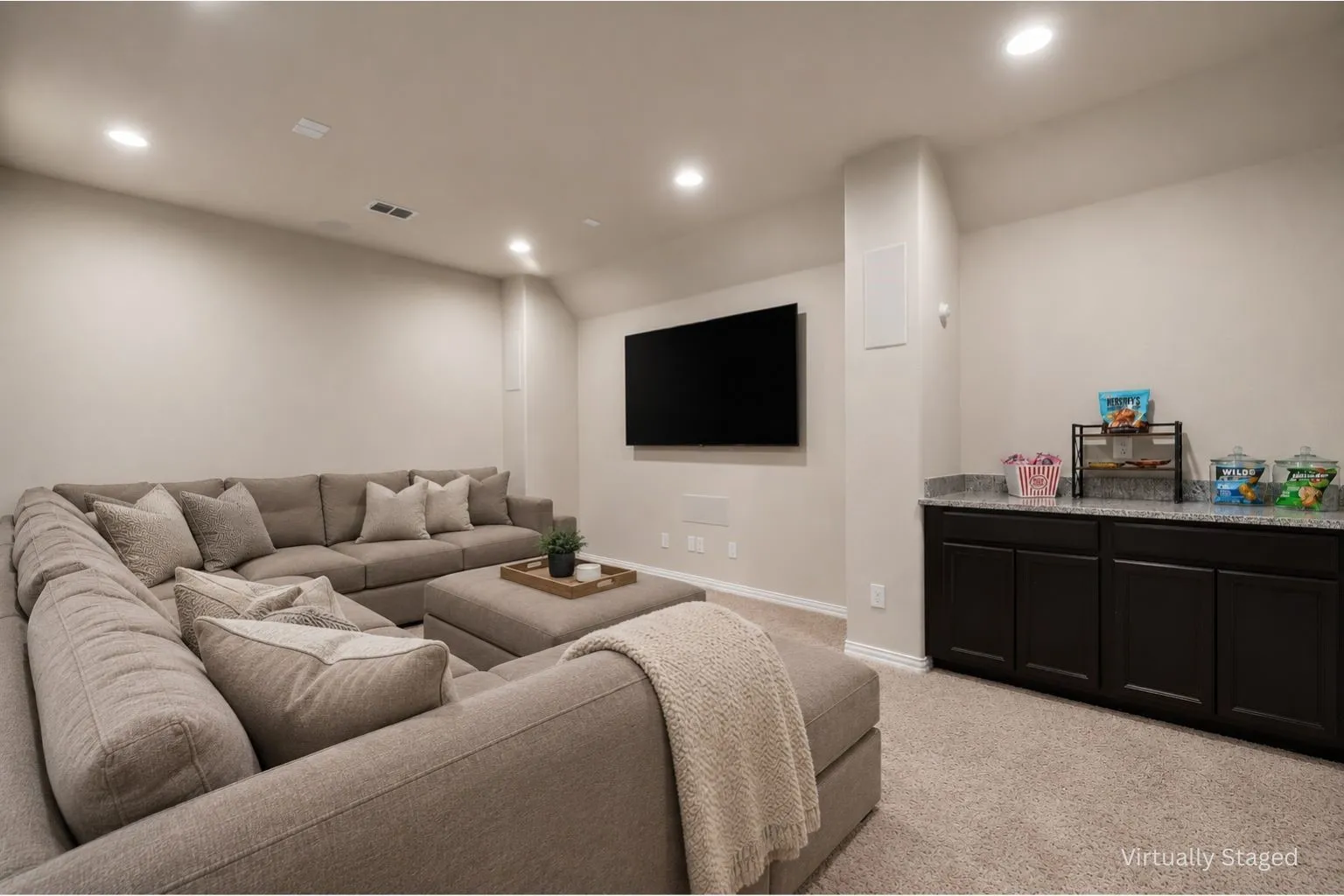 Large media room with 7.1 Klipsch surround sound speakers & wired for projector *virtually staged