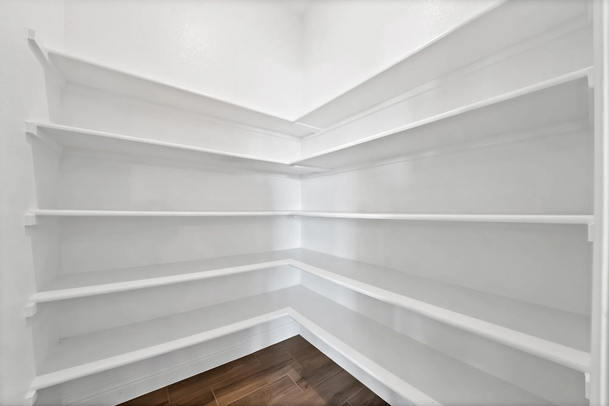 Walk-in pantry featuring expansive white shelving, L-shaped configuration, five levels of storage, and wood-finish flooring