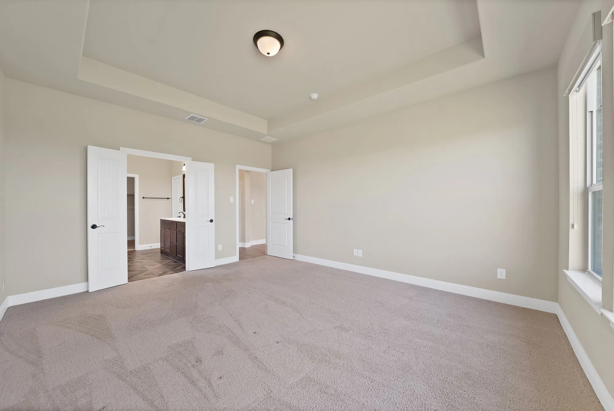 Spacious room featuring a tray ceiling, carpeted flooring, and a single window