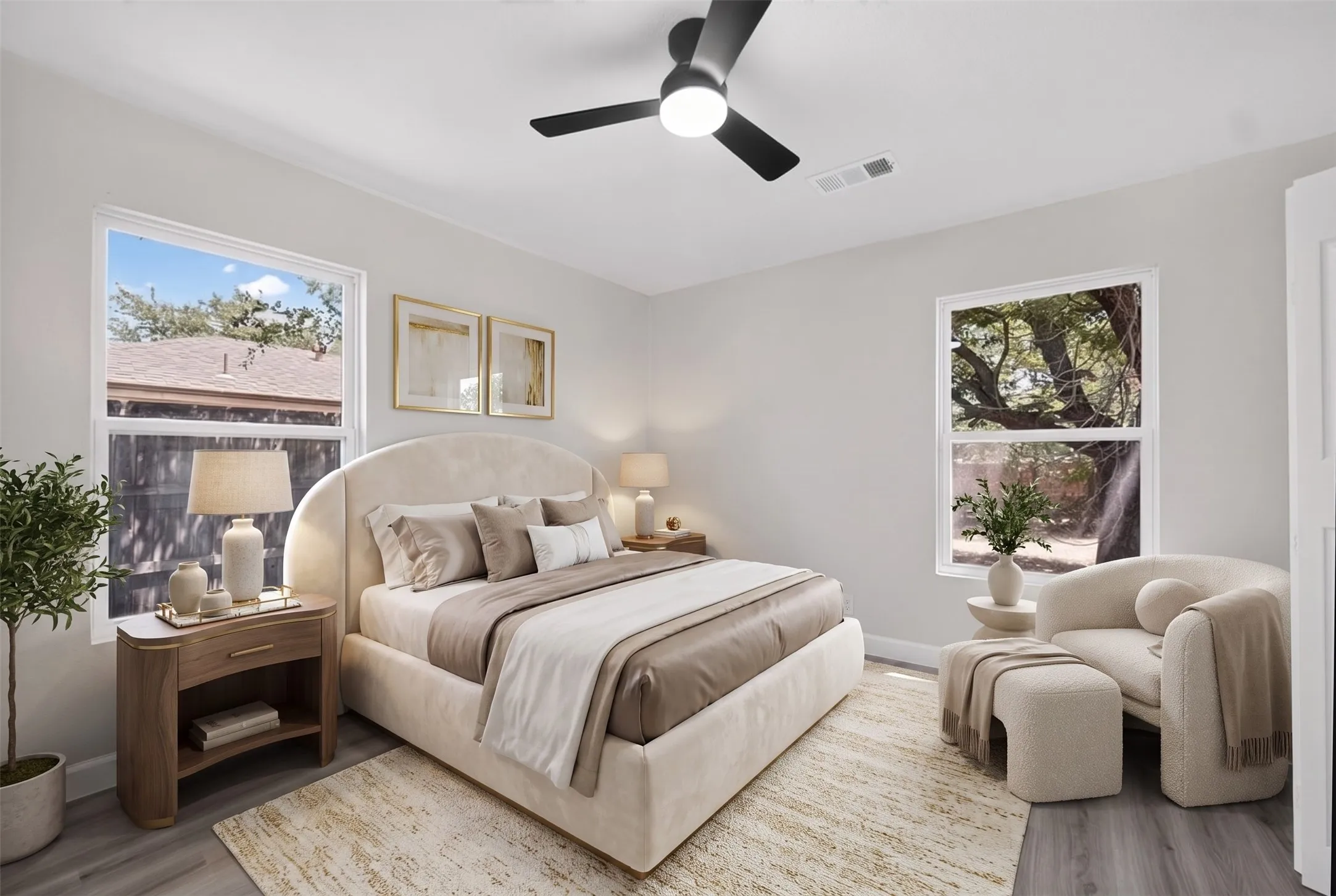 Spacious room featuring wood-finish flooring, light grey wall paint, and white trim