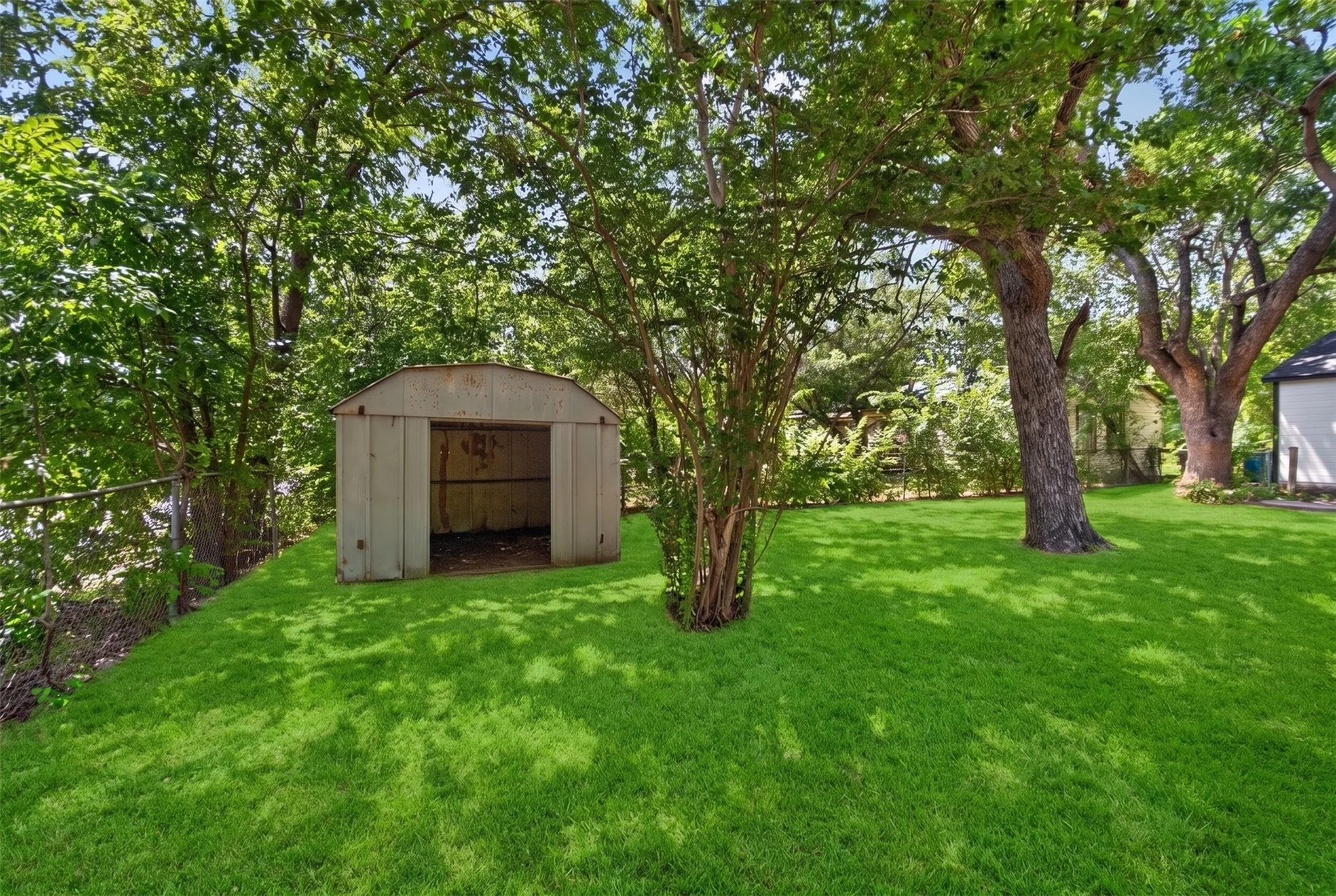 Expansive backyard featuring a lush green lawn, mature trees providing ample shade, and a chain-link fence bordering the property