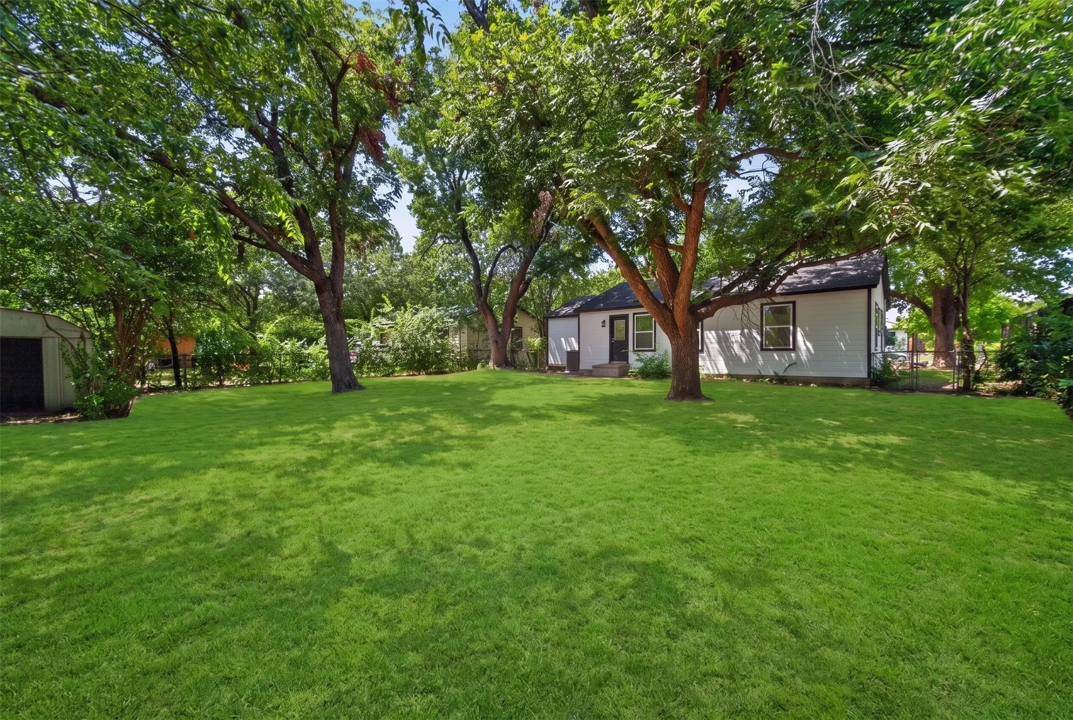 Expansive backyard featuring a manicured lawn, mature trees, and a detached storage shed