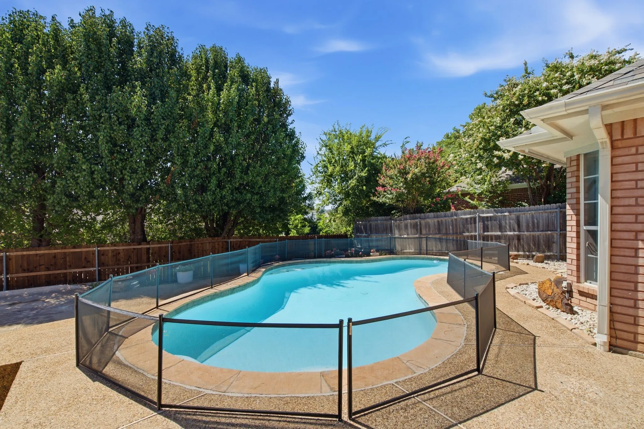 Kidney-shaped swimming pool featuring a perimeter safety fence, concrete decking, and mature trees providing natural screening