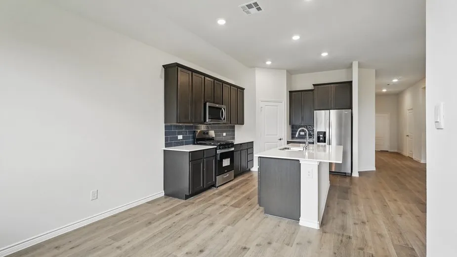Modern kitchen featuring dark wood cabinetry, stainless steel appliances, a white island with an undermount sink, recessed lighting, and wood-finish flooring