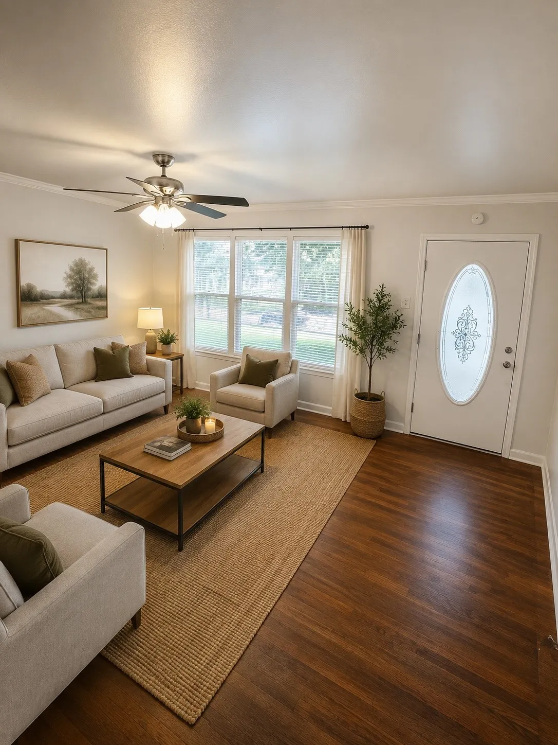 Spacious living area featuring rich wood-finish flooring, ample natural light through multiple windows, crown molding, and a ceiling fan with integrated lighting