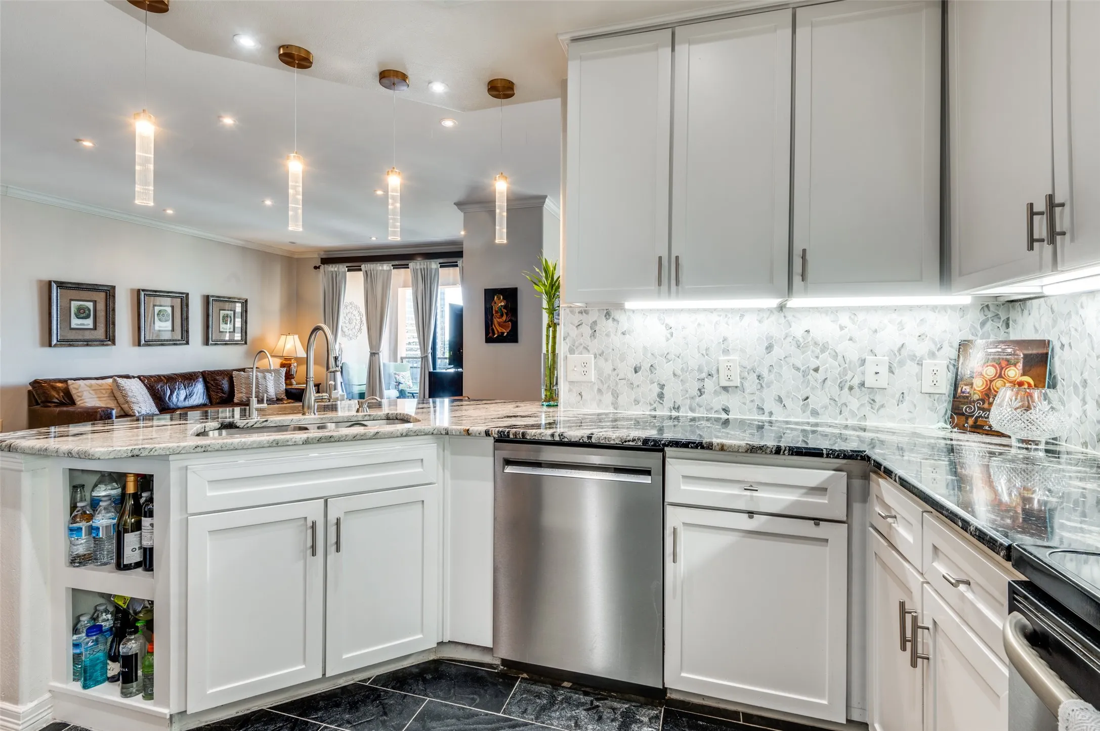 Modified shaker-style kitchen cabinets provide ample storage